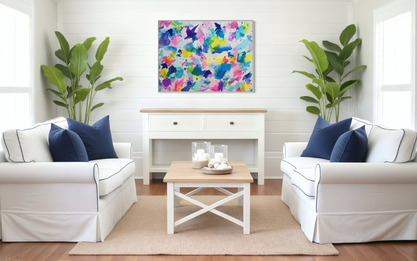 The original painting titled The Marilyn is a 30"x40" mixed media original affordable painting with a dopamine, grand millennial decor style and hangs on a white wall in a living room.