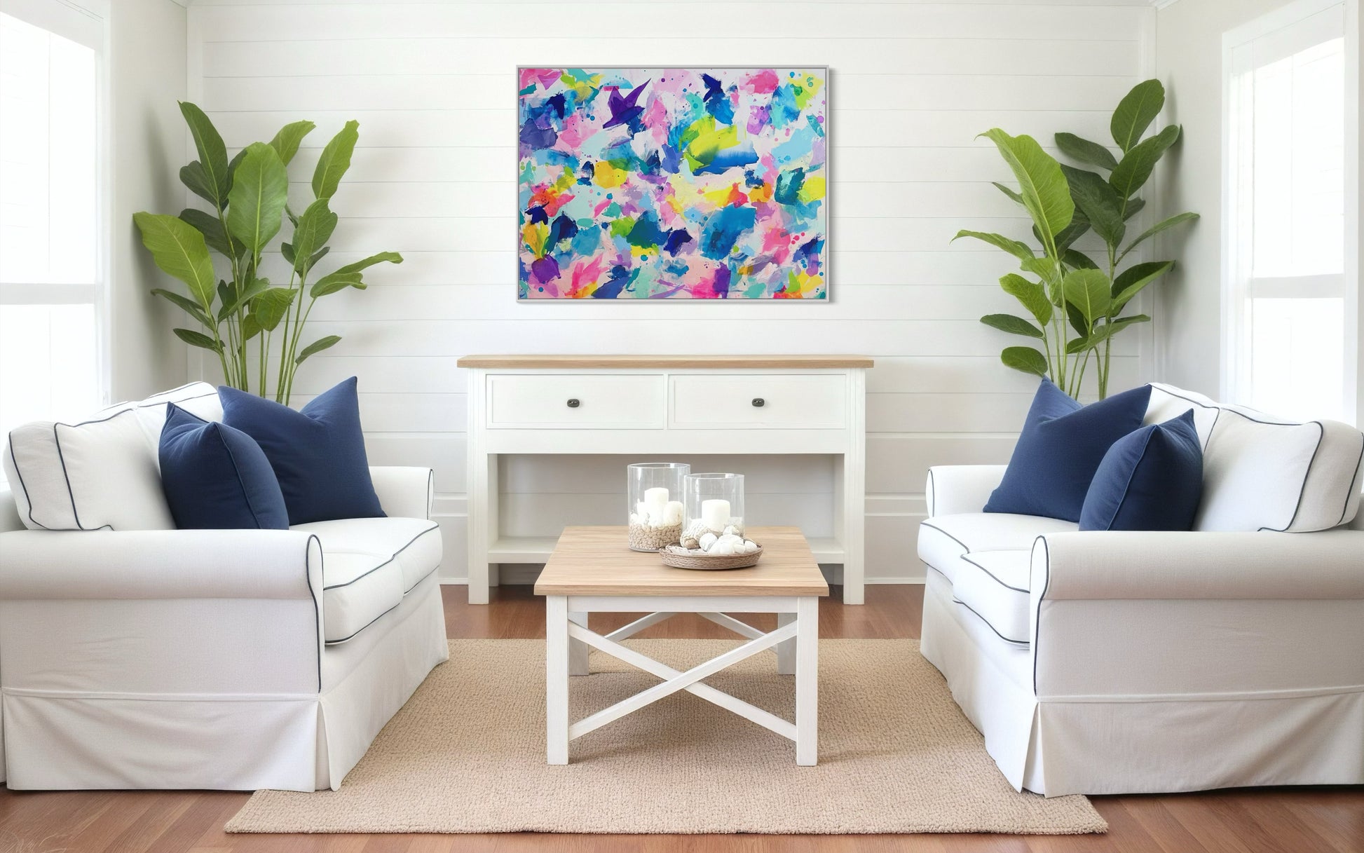 The original painting titled The Marilyn is a 30"x40" mixed media original affordable painting with a dopamine, grand millennial decor style and hangs on a white wall in a living room.
