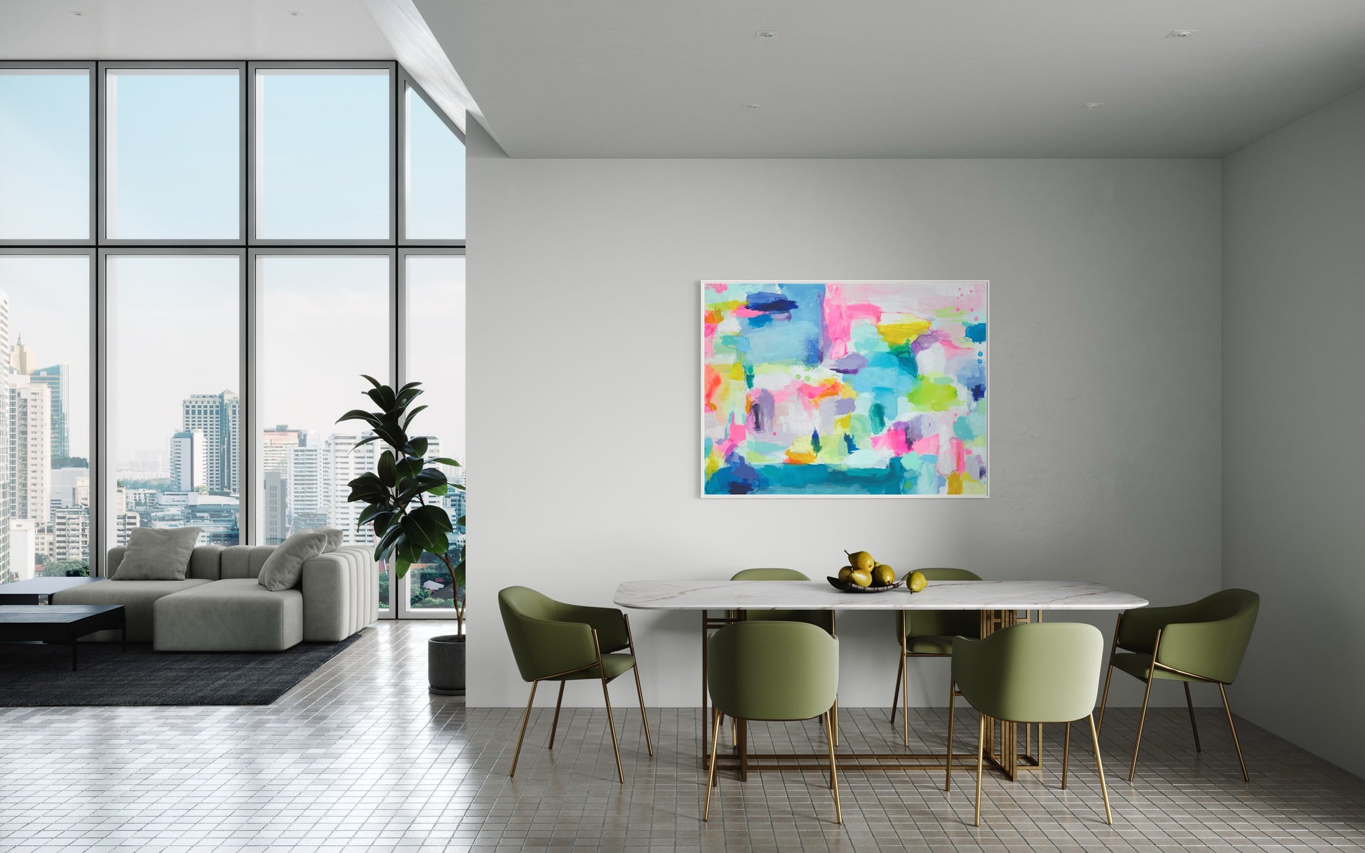 The Dolly Original Abstract Painting by Sarah Henry as part of the grand millennial Happy Art Collection, shown on a white wall in a modern high rise luxury condo with a long white and maple wood dining table and six olive green modern dining chairs.