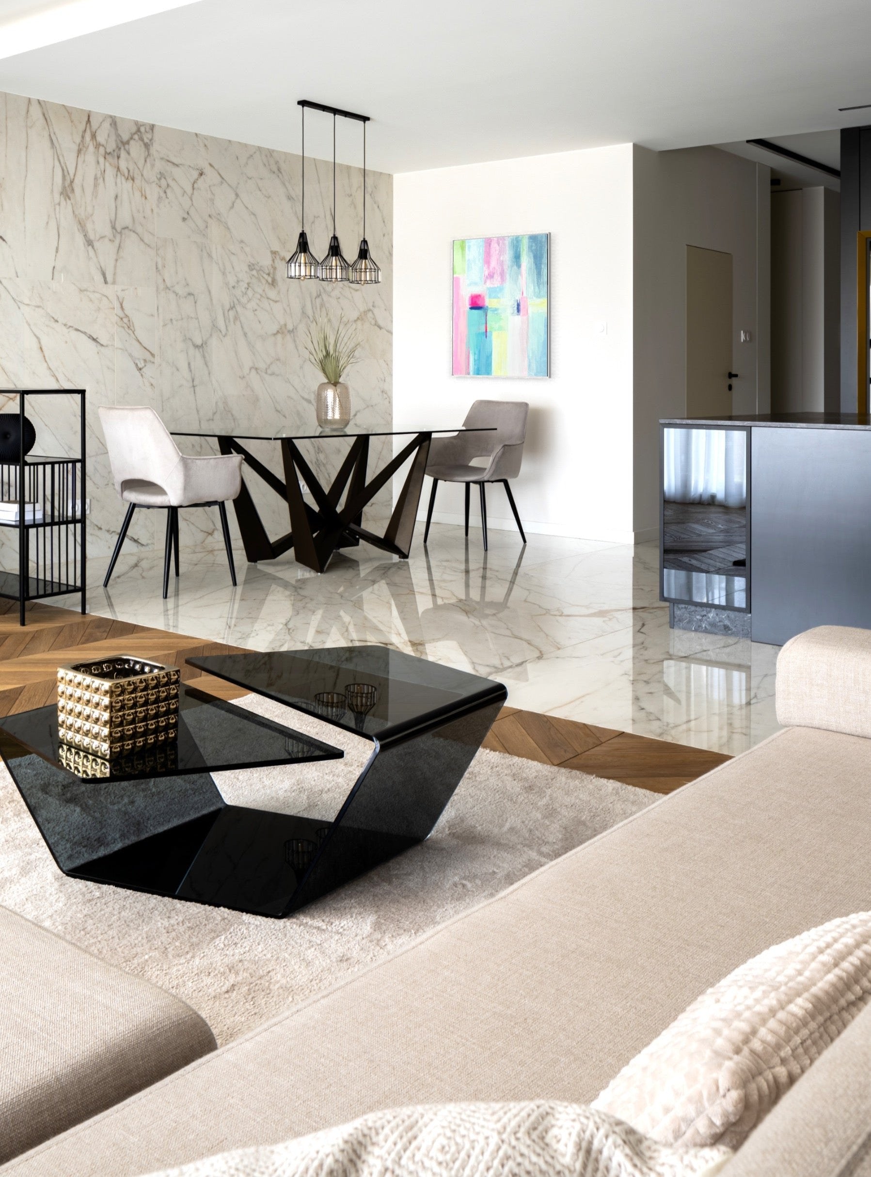 The Audrey is a 30"x40" mixed media original abstract painting with a grand millennial style in an apartment.