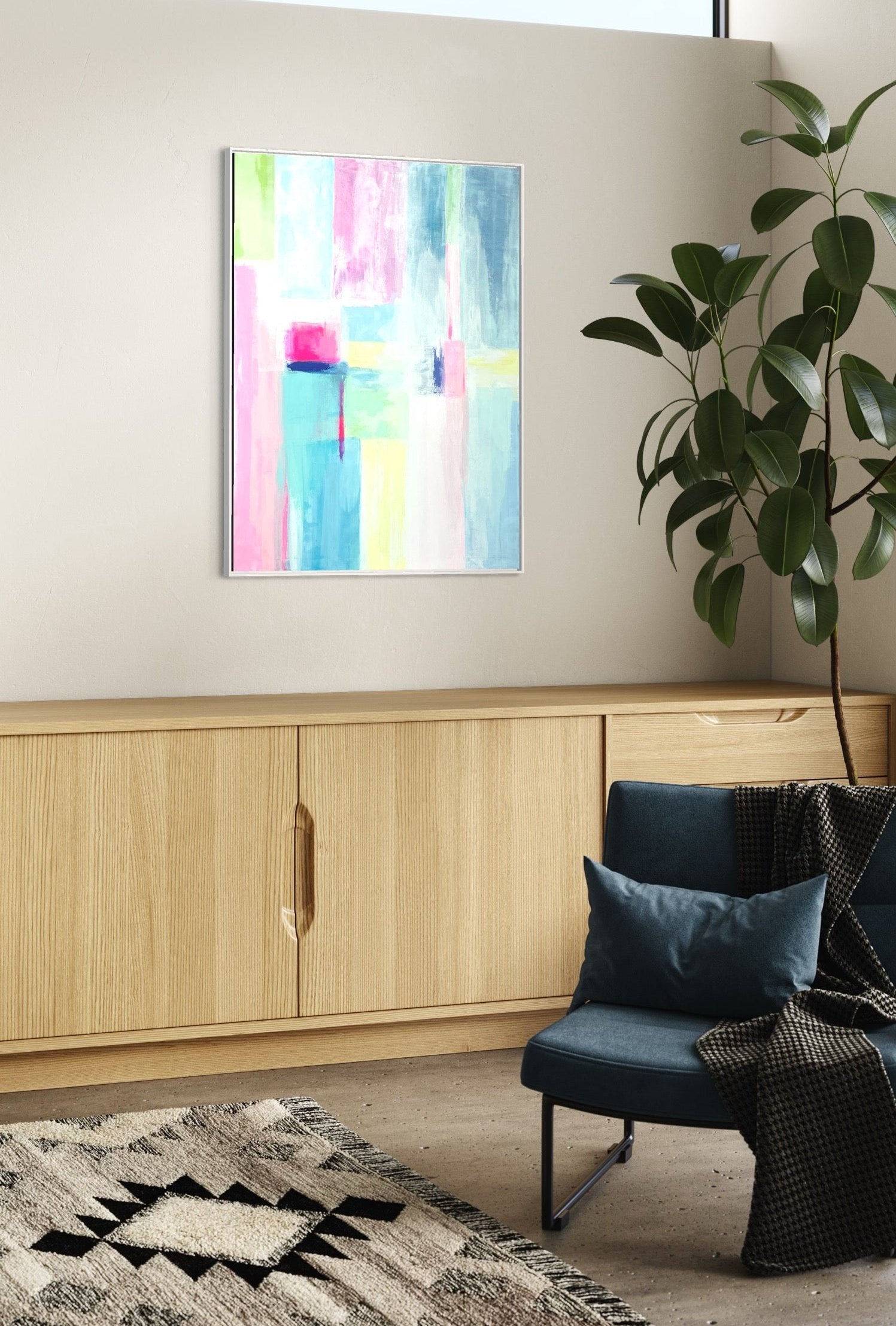 The Audrey is a 30"x40" mixed media original abstract painting with a grand millennial style hung above a credenza.