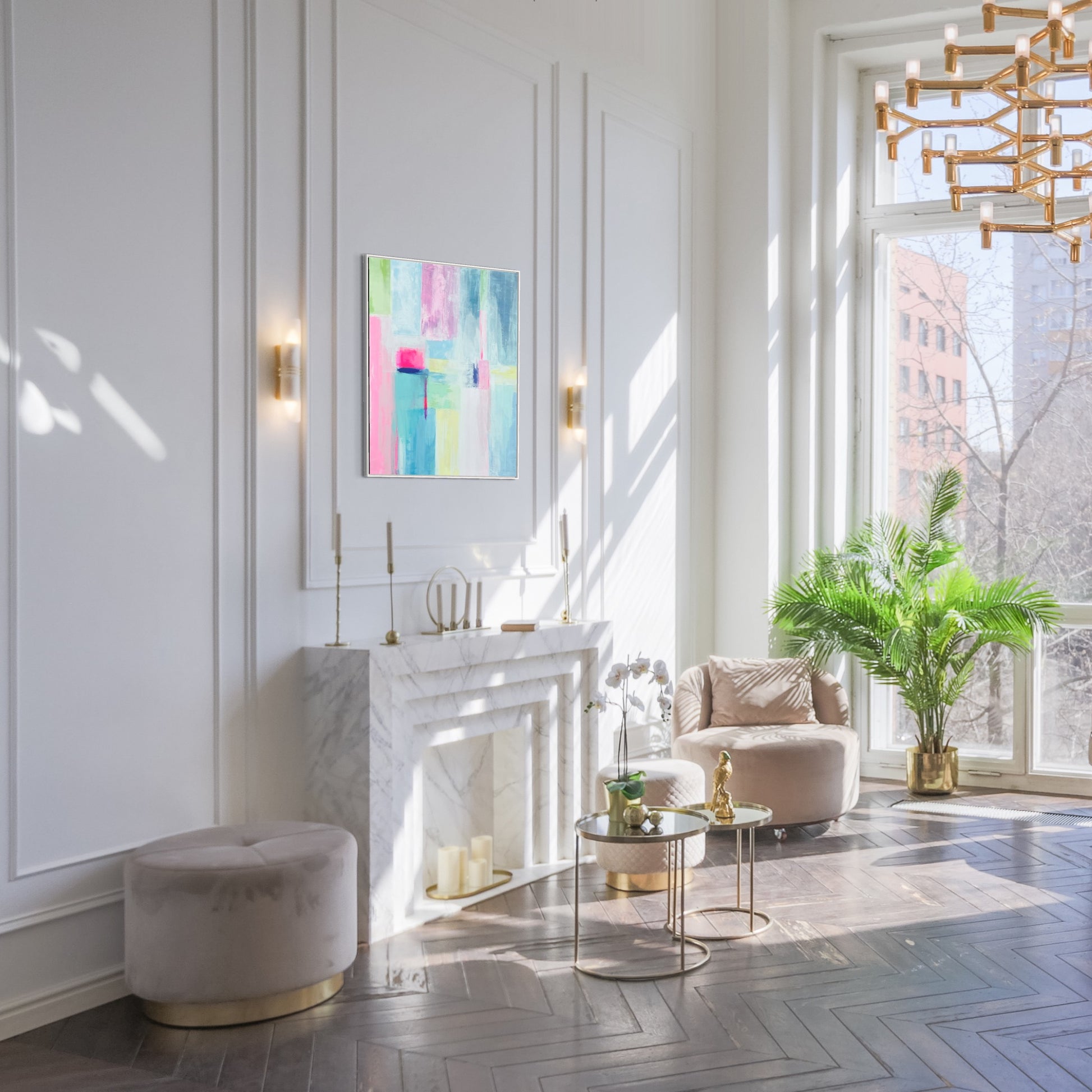 The Audrey is a 30"x40" mixed media original abstract painting with a grand millennial style in a luxury apartment.