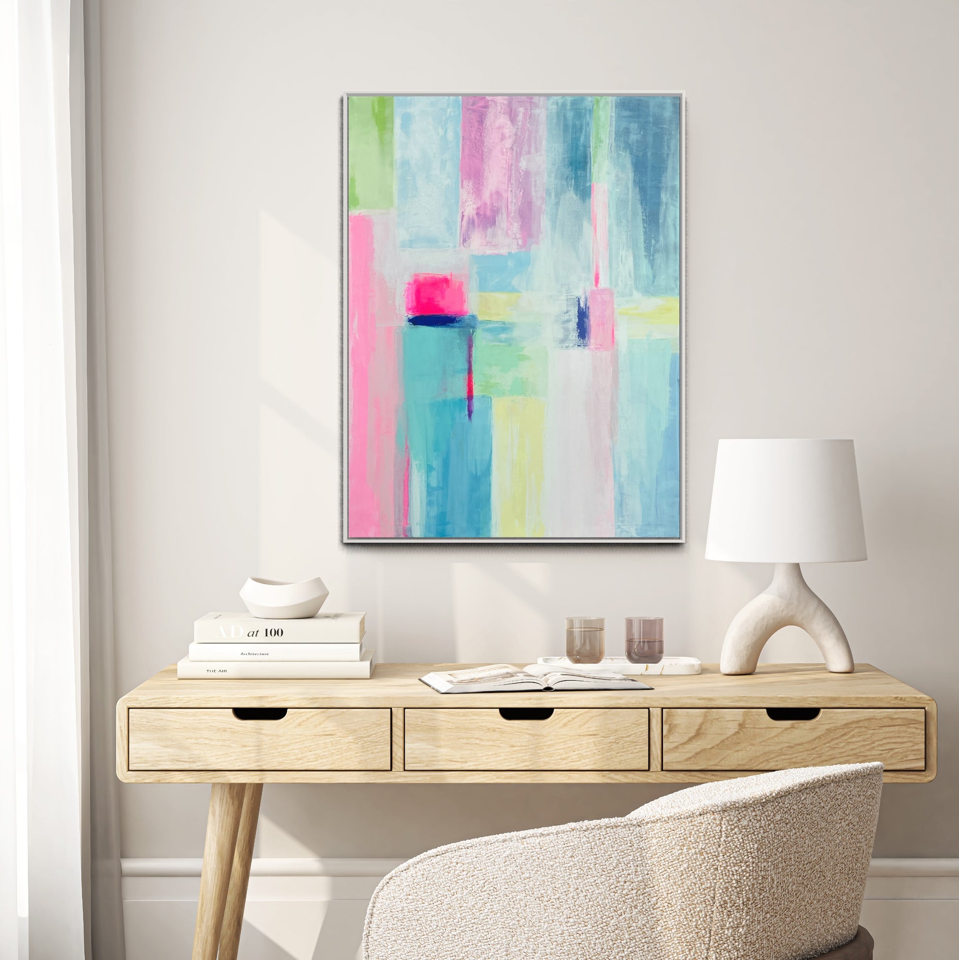 The Audrey is a 30"x40" mixed media original abstract painting with a grand millennial style in a home office.