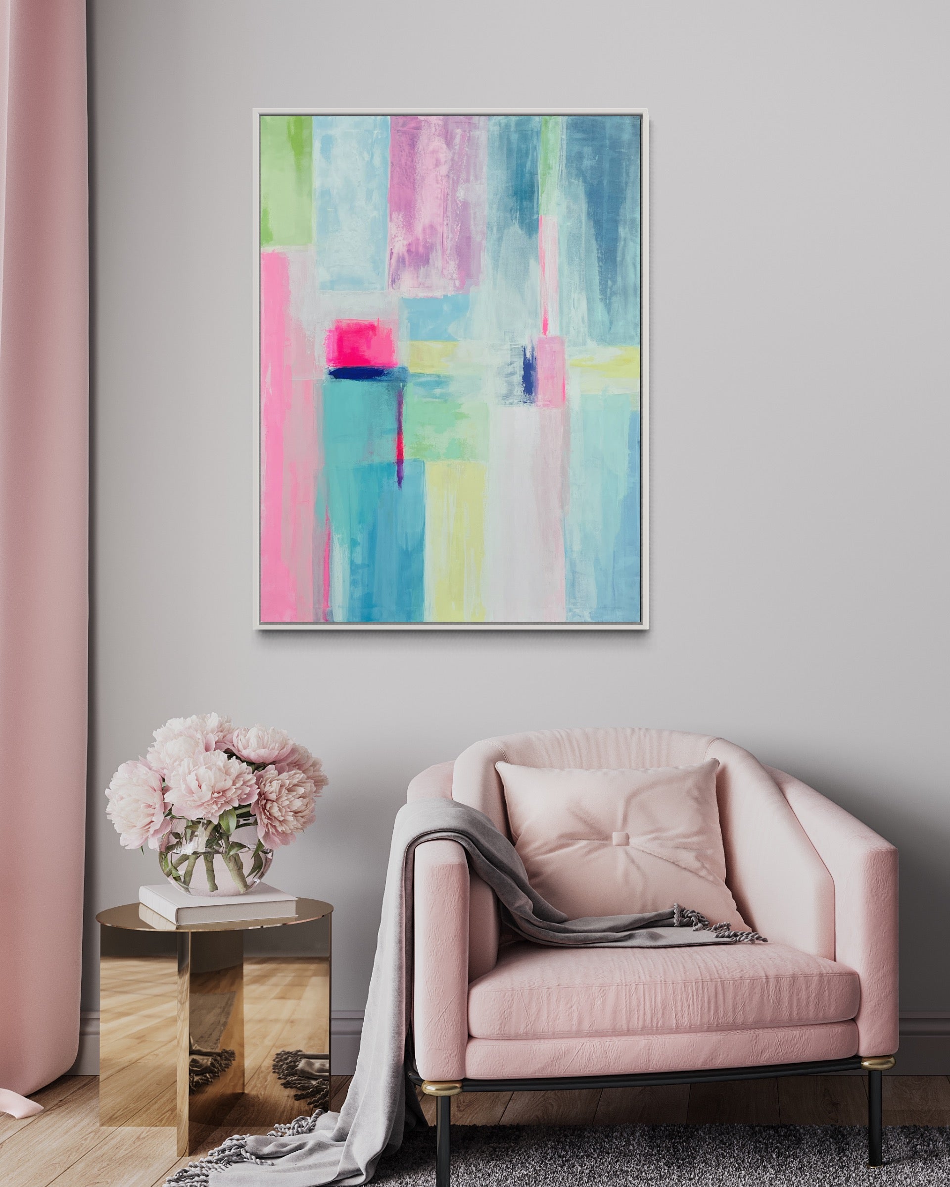 The Audrey is a 30"x40" mixed media original abstract painting with a grand millennial style in a pink room.