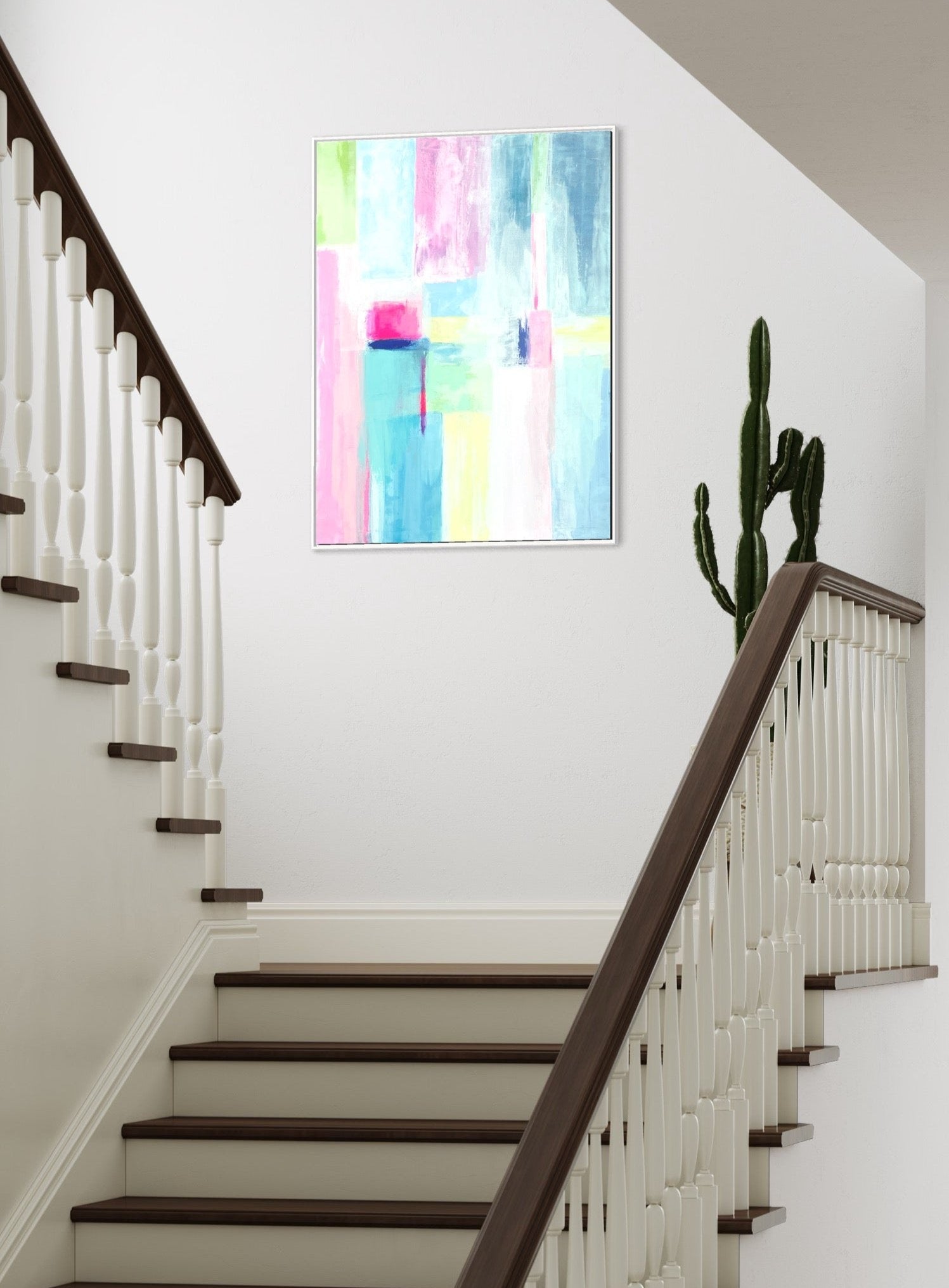 The Audrey is a 30"x40" mixed media original abstract painting with a grand millennial style in a stairwell.