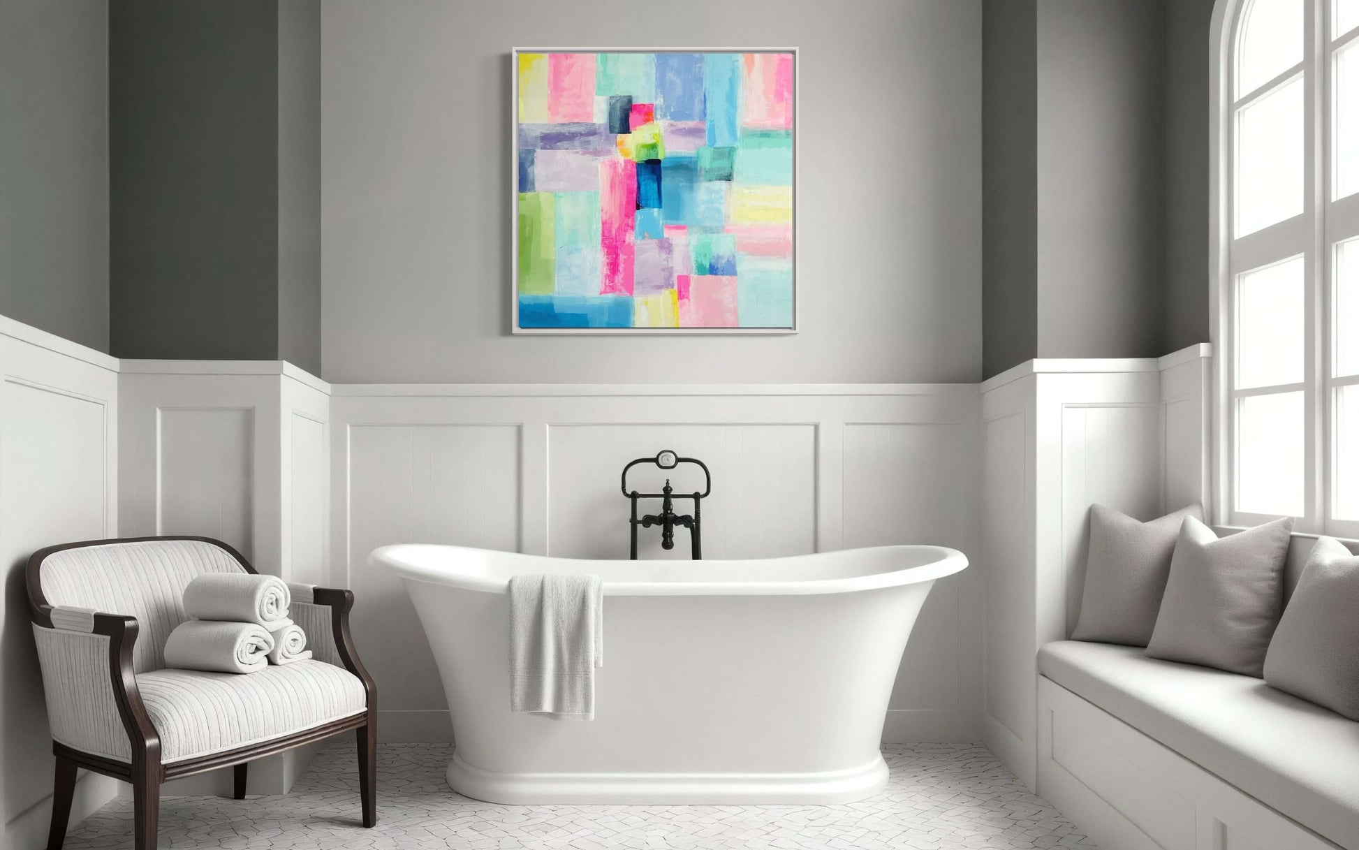 Bold hues and soft gradients collide in this vibrant abstract original painting. A modern celebration of color, texture, and balance —perfect for adding a pop of preppy energy to any space! This affordable art, titled "Jelly Donut", is 36"x36" on a traditional profile canvas and is perfect affordable wall decor for any preppy, grand millennial, or palm beach decor style and hangs in a modern bathroom