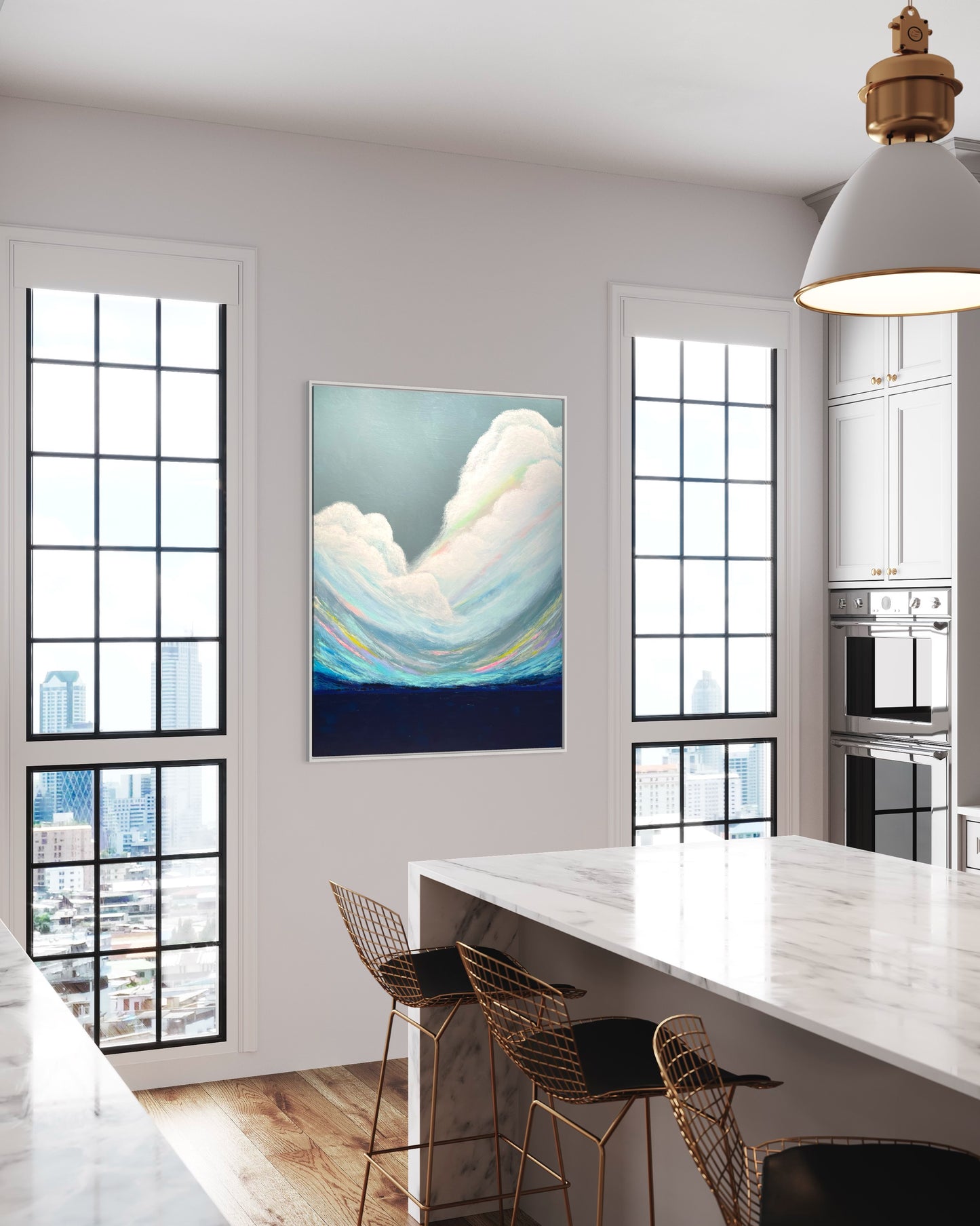 Modern kitchen with a large serene cloudscape abstract painting on the wall