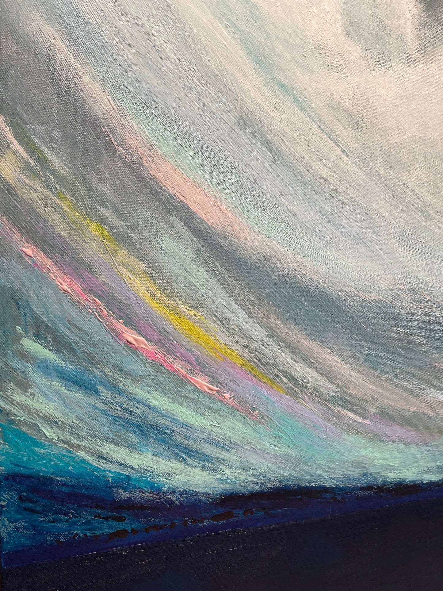Abstract painting with wavy lines in blue, pink, and yellow