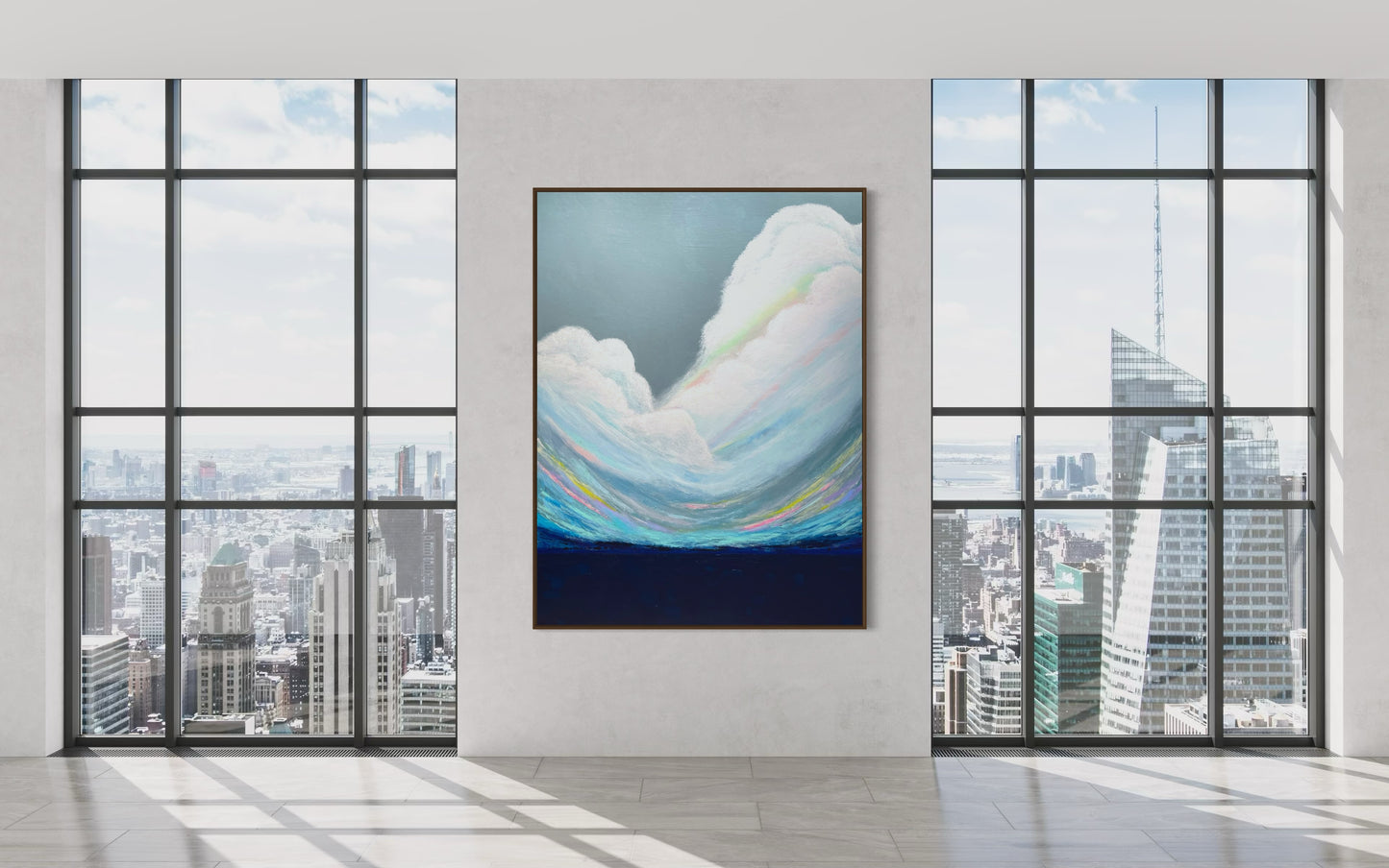 Serene abstract cloud painting titled Interlude displayed in a high-rise NYC gallery
