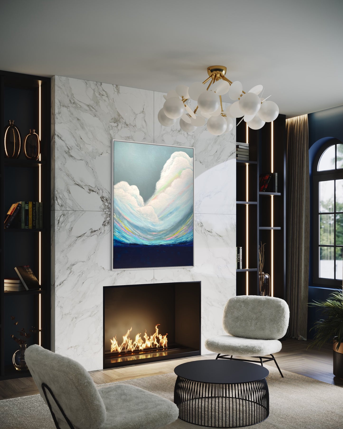 Modern living room with serene cloudscape abstract painting above marble fireplace