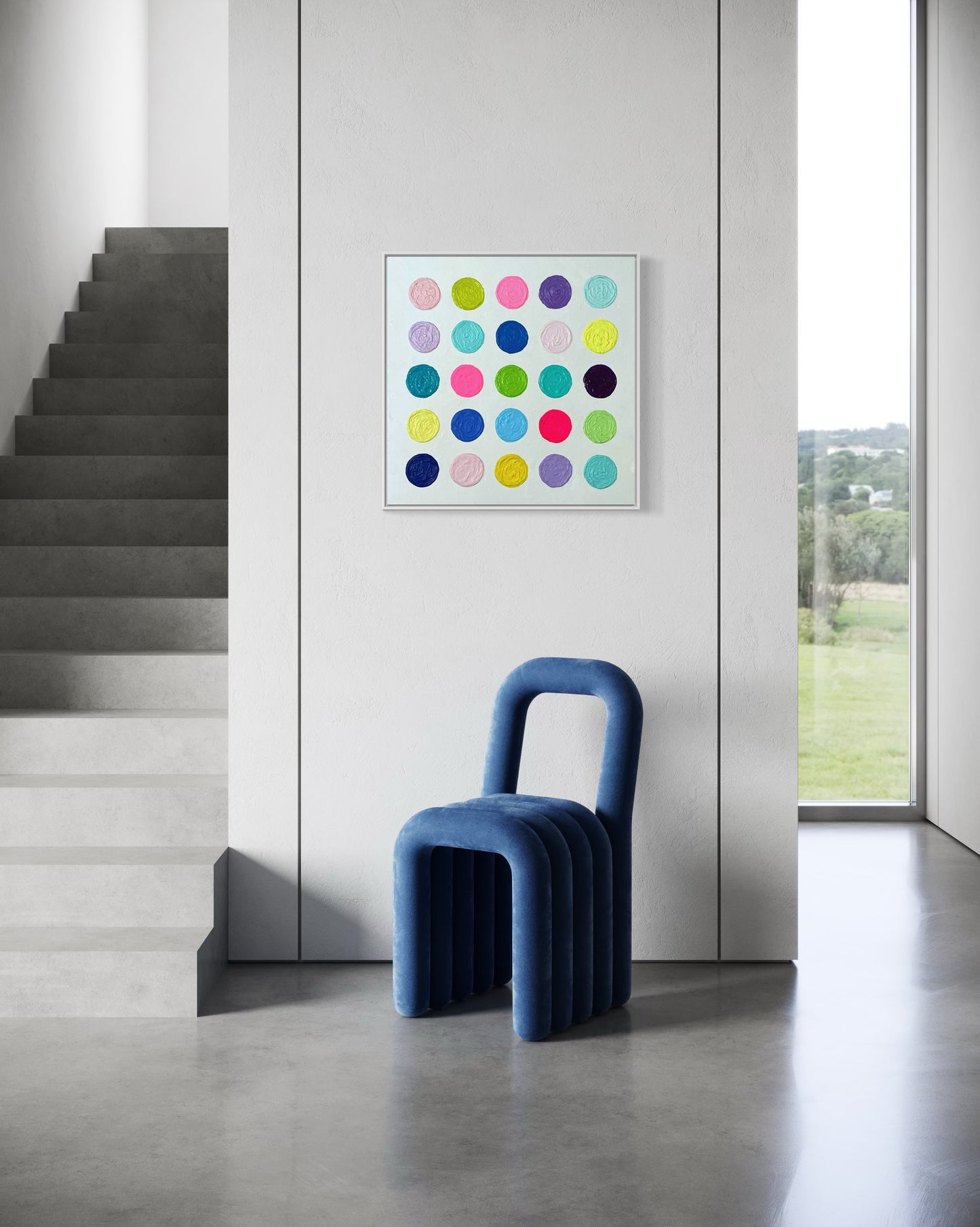 "Cupcakes" is an affordable, preppy 24x24 inch abstract painting featuring a grid of colorful circles in vibrant shades of pink, green, blue, yellow, and purple. Each circle is heavily textured with swirled patterns, creating a playful and dynamic effect against a crisp white, textured background. The art is on a stretched canvas with a 7/8" traditional profile. It hangs on a white wall in a modern entryway above a contemporary blue chair. This is part of the Happy Art Collection by Sarah Henry.