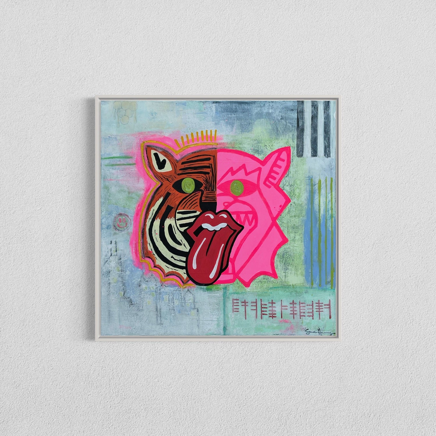 An eclectic abstract expressionism art piece featuring a tiger and vibrant pink snaking tongue.
