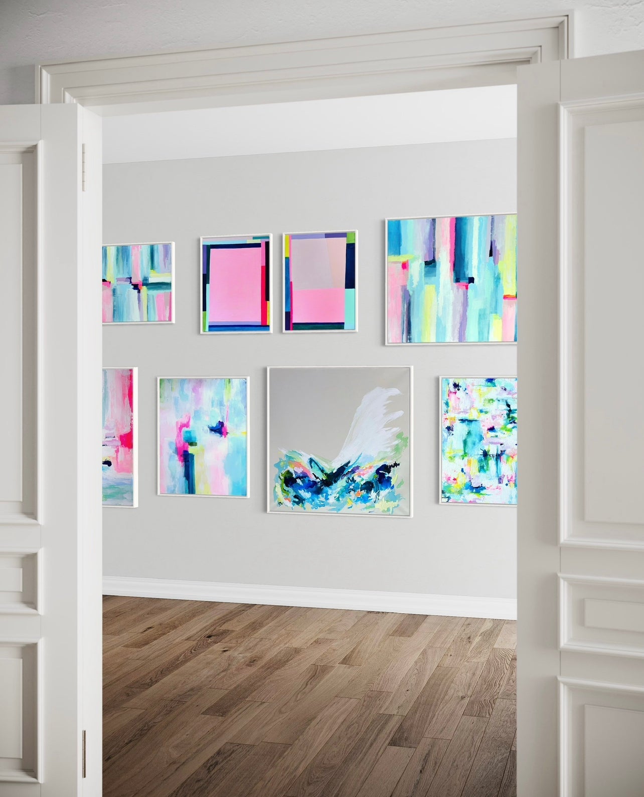 contemporary art paintings for sale by Sarah Henry displayed in an art gallery in Chicago
