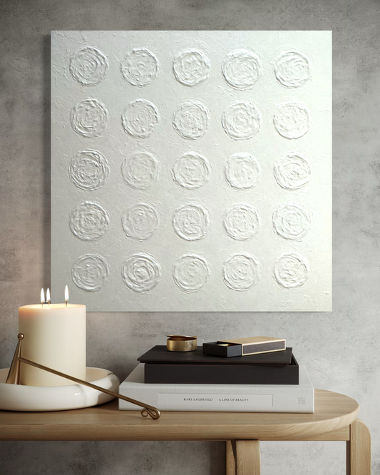 Cupcakes, 24"x24" textured abstract painting, white on white