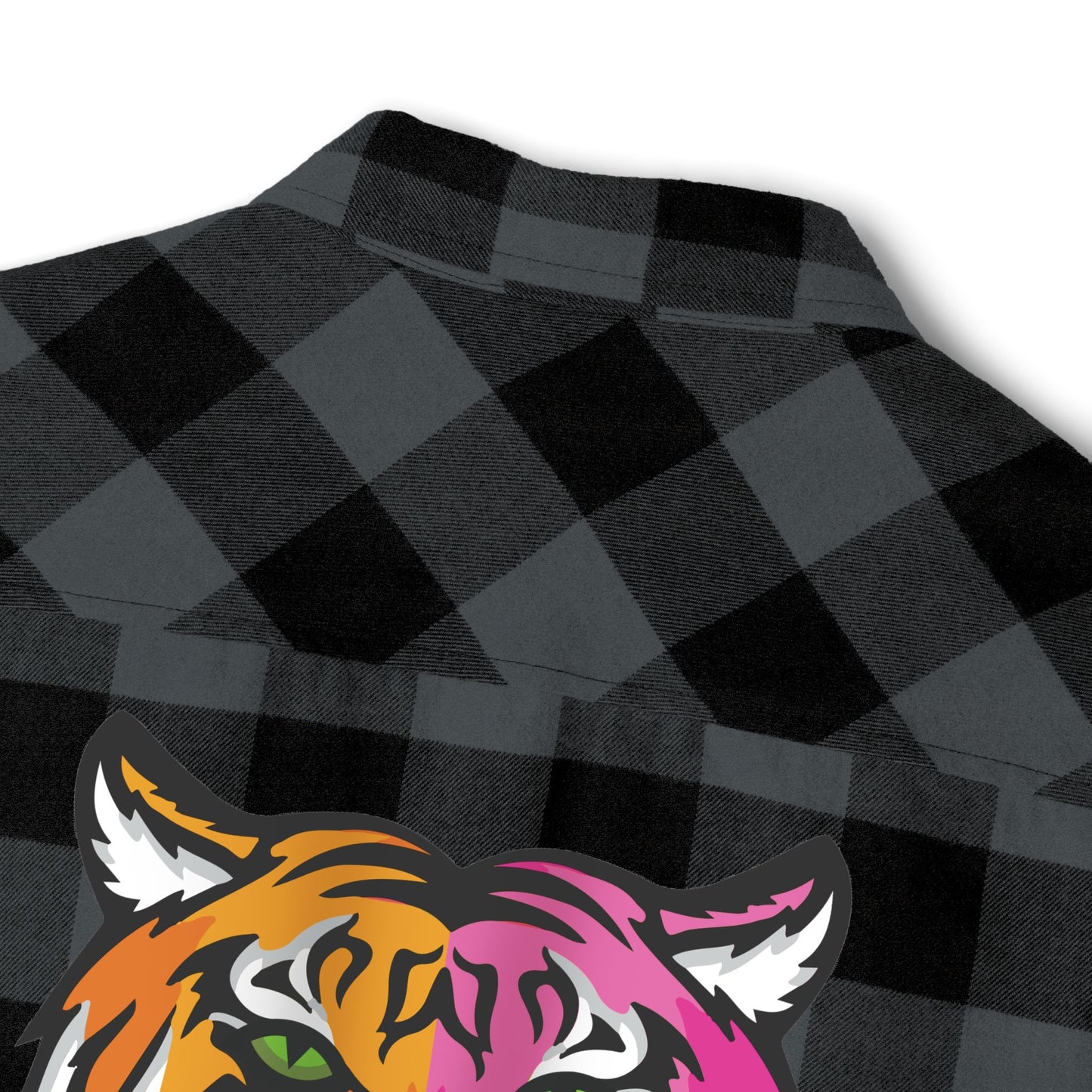 Kali Unisex Flannel Shirt – Bold Tiger Graphic on Black Buffalo Plaid