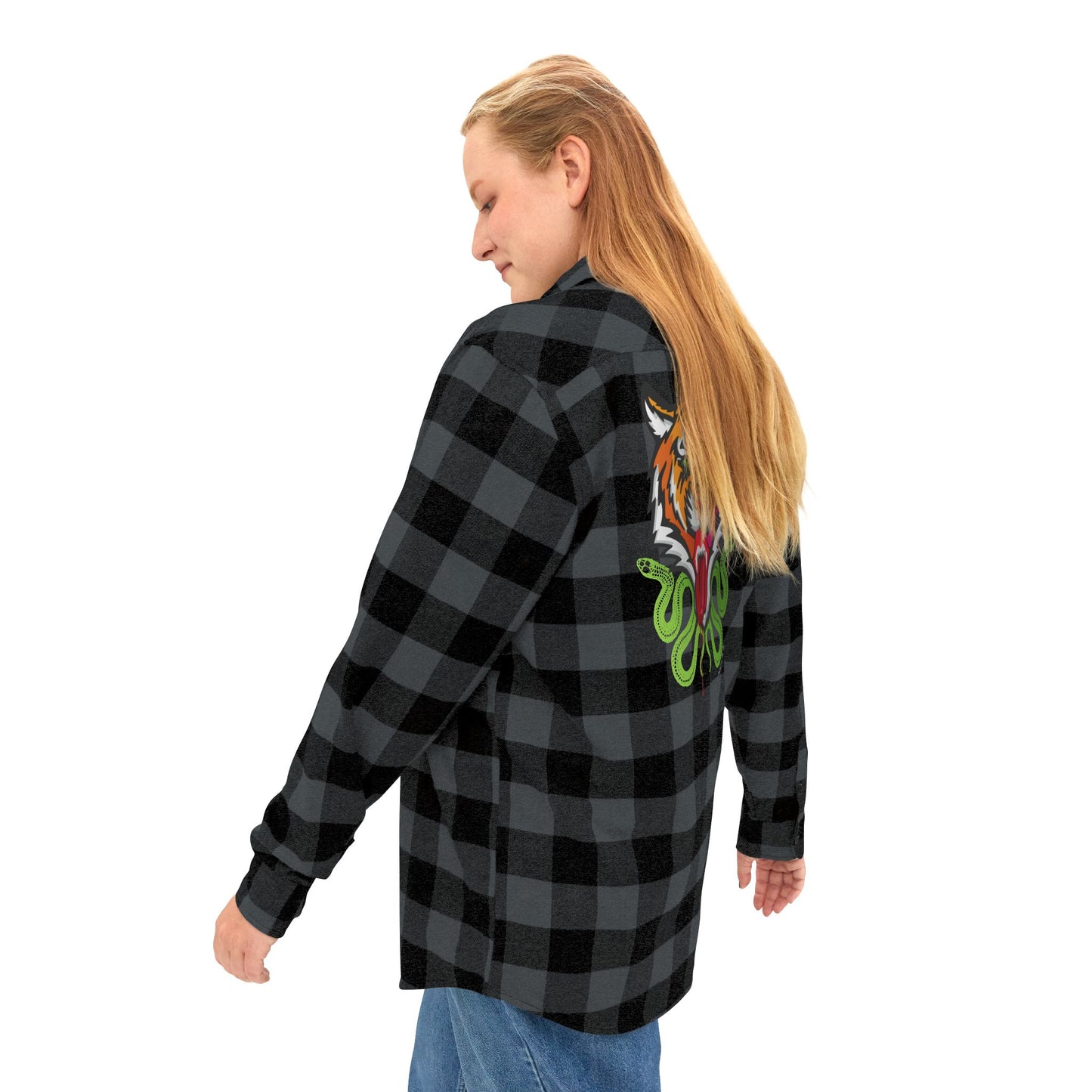 Kali Unisex Flannel Shirt – Bold Tiger Graphic on Black Buffalo Plaid