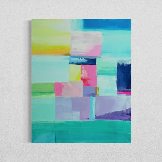 A colorful abstract expressionist painting featuring various geometric shapes in shades of blue, pink, and purple on a white background, framed in a light color.