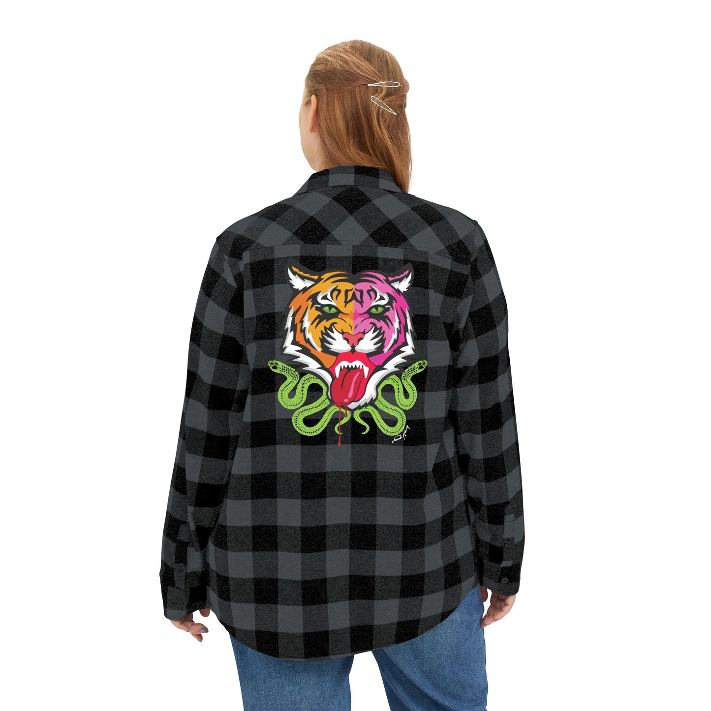 Kali Unisex Flannel Shirt – Bold Tiger Graphic on Black Buffalo Plaid