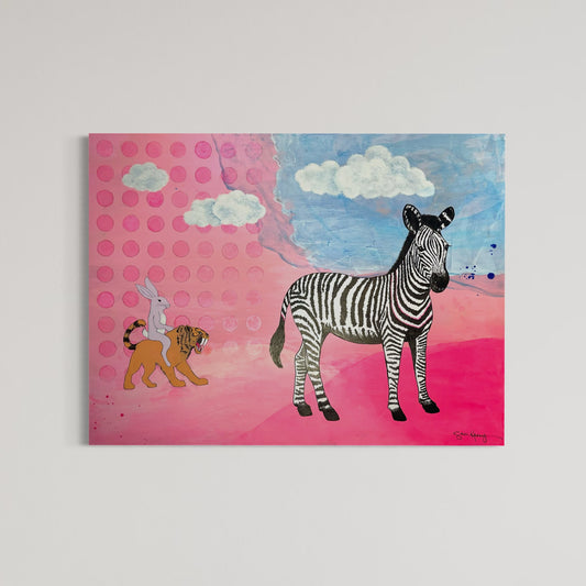 Surreal pink-blue abstract expressionism painting with zebra, rabbit riding a tiger, and clouds  