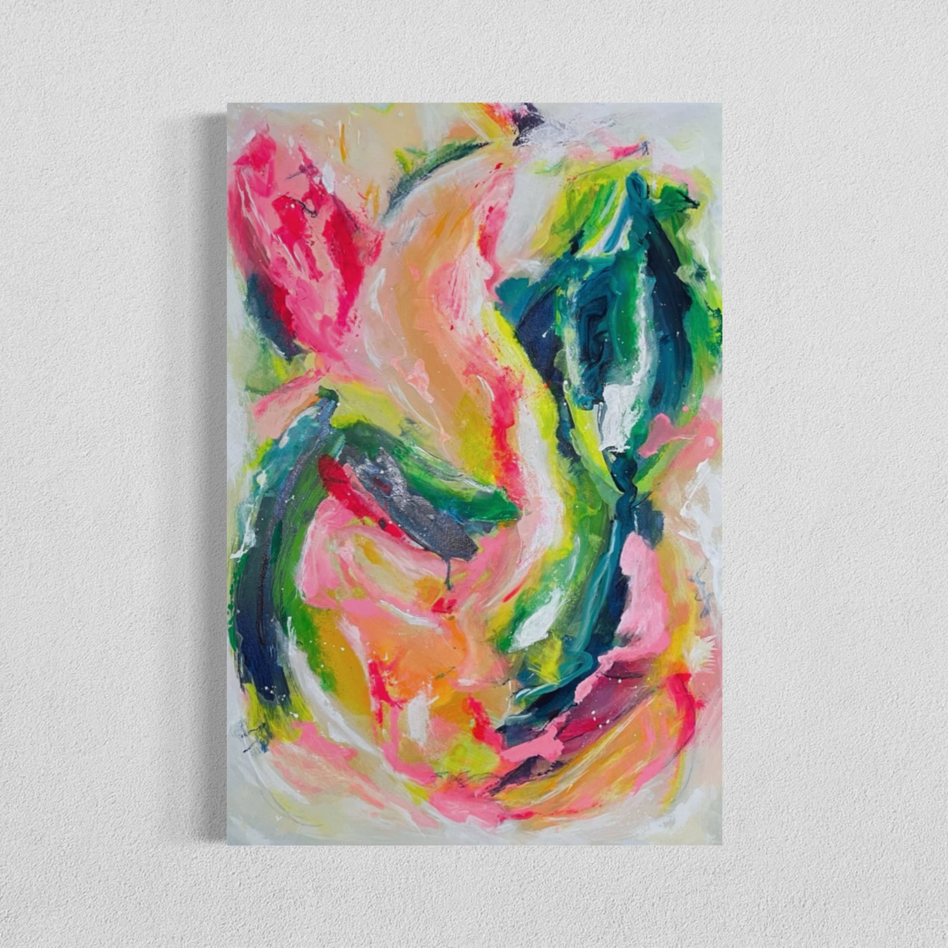 Abstract canvas painting featuring bold swirls of hot pink, teal, lime green, orange, and yellow on a soft neutral background. The brushstrokes are expressive and layered, creating a sense of movement and energy.