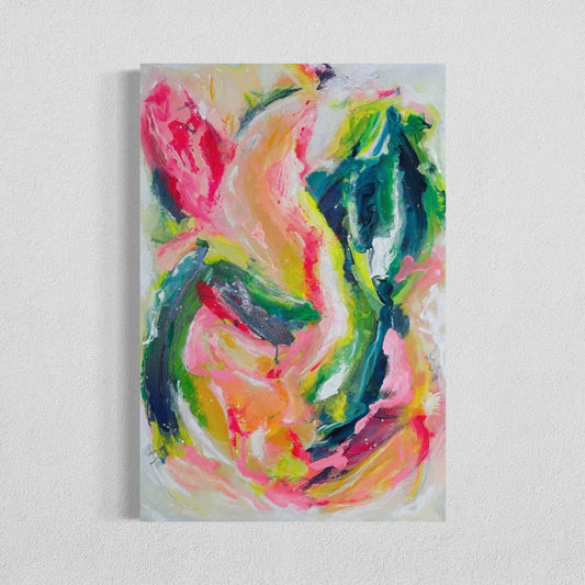 Abstract canvas painting featuring bold swirls of hot pink, teal, lime green, orange, and yellow on a soft neutral background. The brushstrokes are expressive and layered, creating a sense of movement and energy.