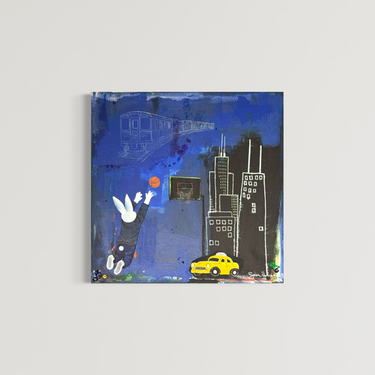 Abstract expressionism cityscape painting featuring a rabbit playing basketball in front of a Chicago skyline and a train with blue textured background.