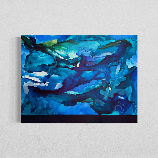 Abstract painting titled Stratified featuring fluid, layered forms in shades of turquoise, blue, and violet, evoking underwater rock formations and currents inspired by cenote-like caverns.