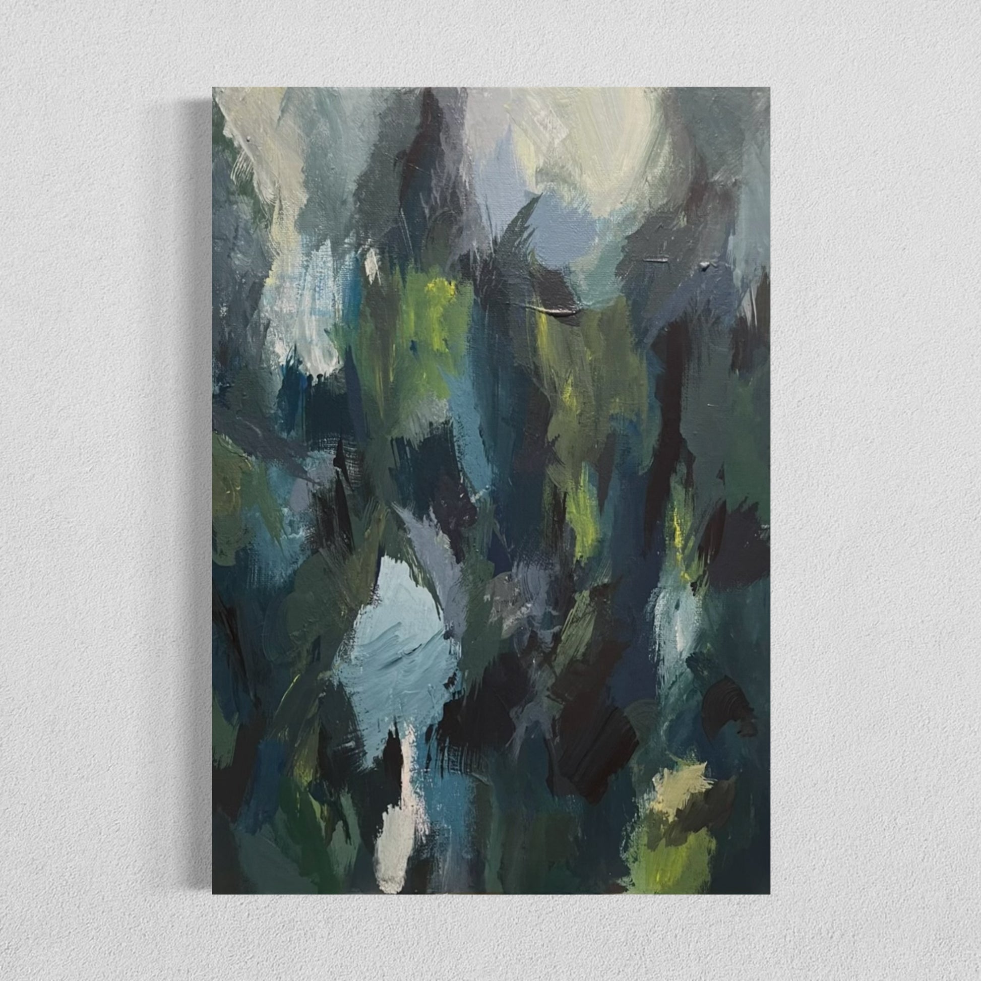 Abstract painting titled “Birds of a Feather” featuring layered brushstrokes in deep greens, dark blues, and light creams with expressive textures, evoking the feeling of a forest scene or hidden flock in nature.