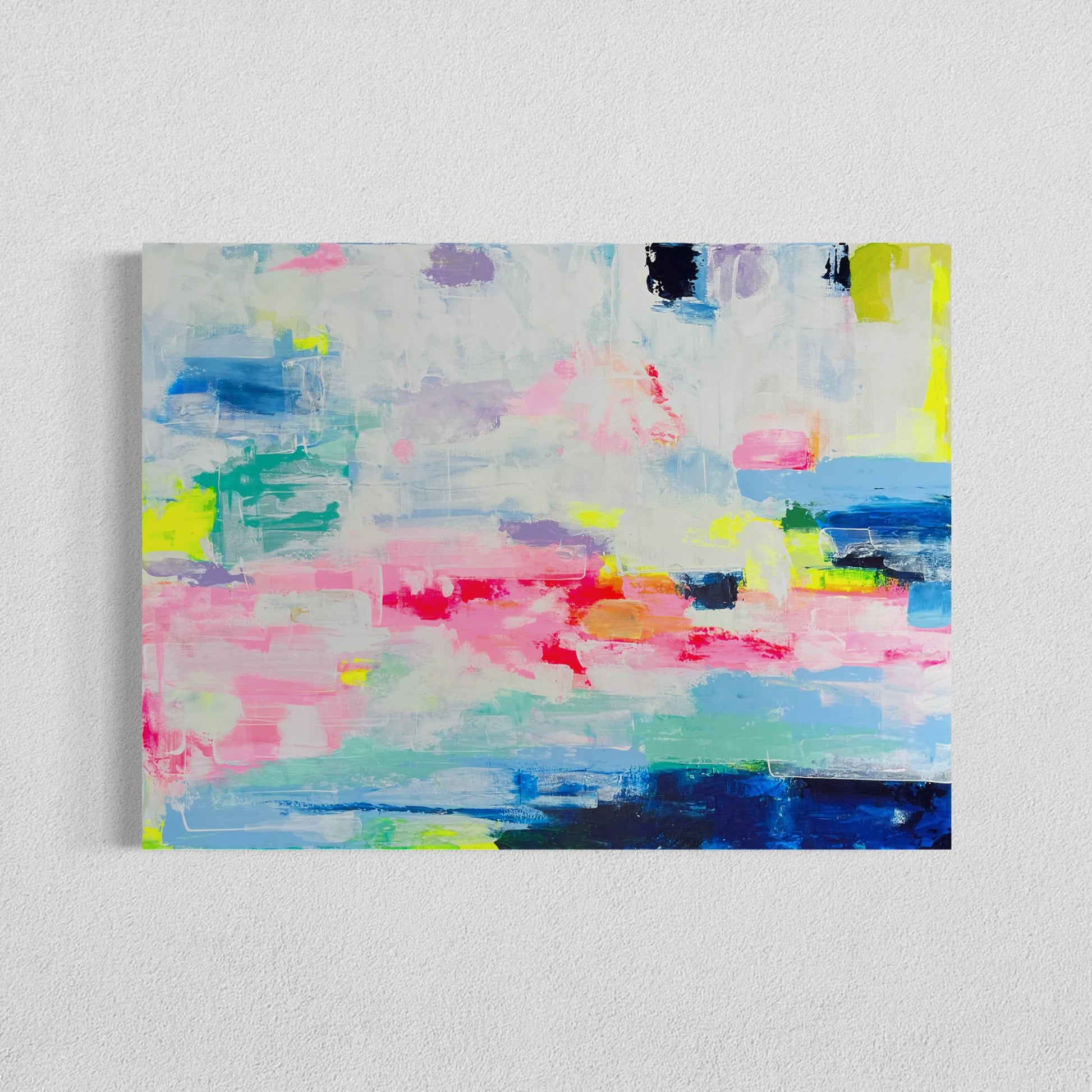 Abstract painting titled "Carousel" featuring vibrant layers of pink, yellow, blue, green, and white brushstrokes on canvas, evoking the lively motion of a fairground ride.