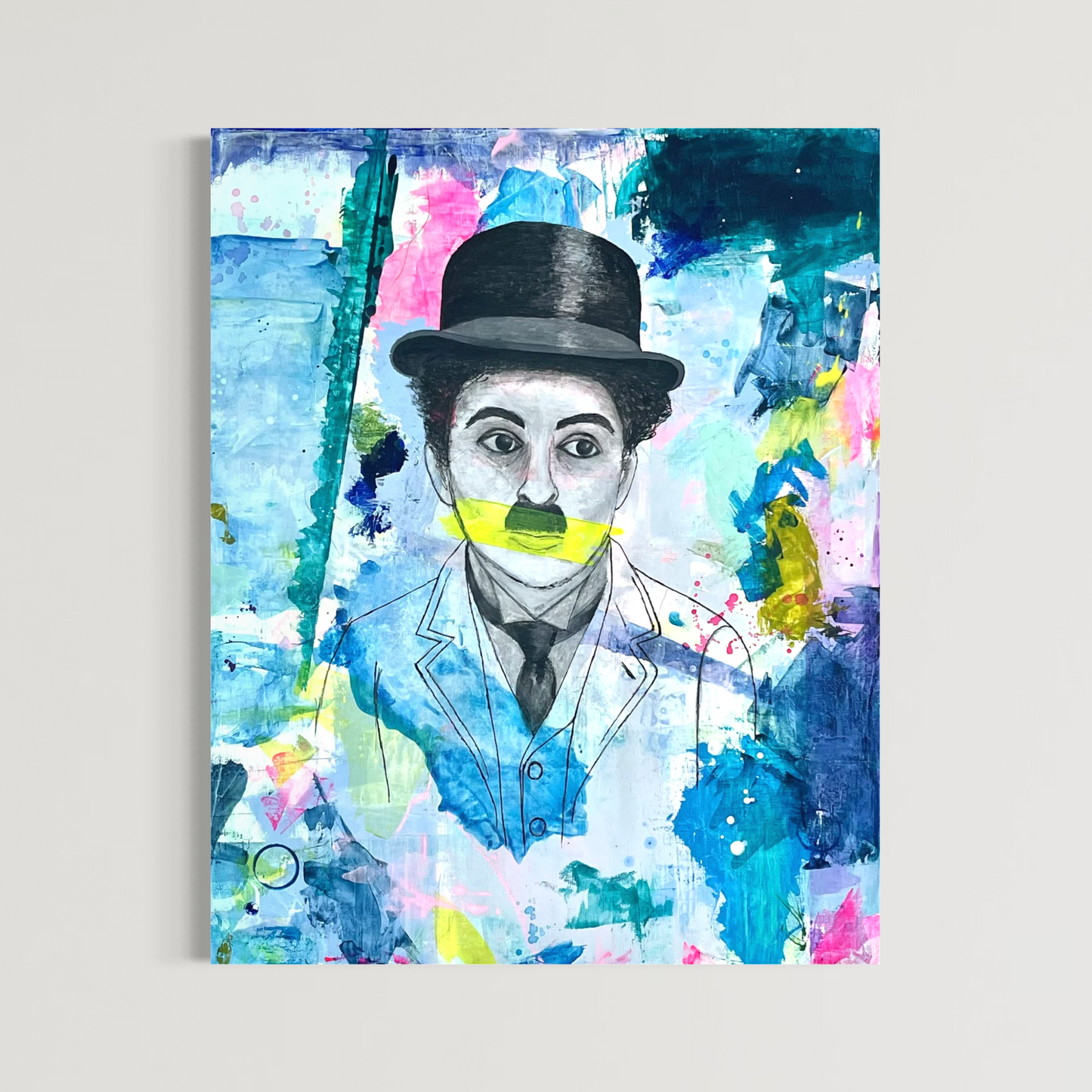Abstract expressionism painting of Charlie Chaplin with colorful background and neon stripe across mouth