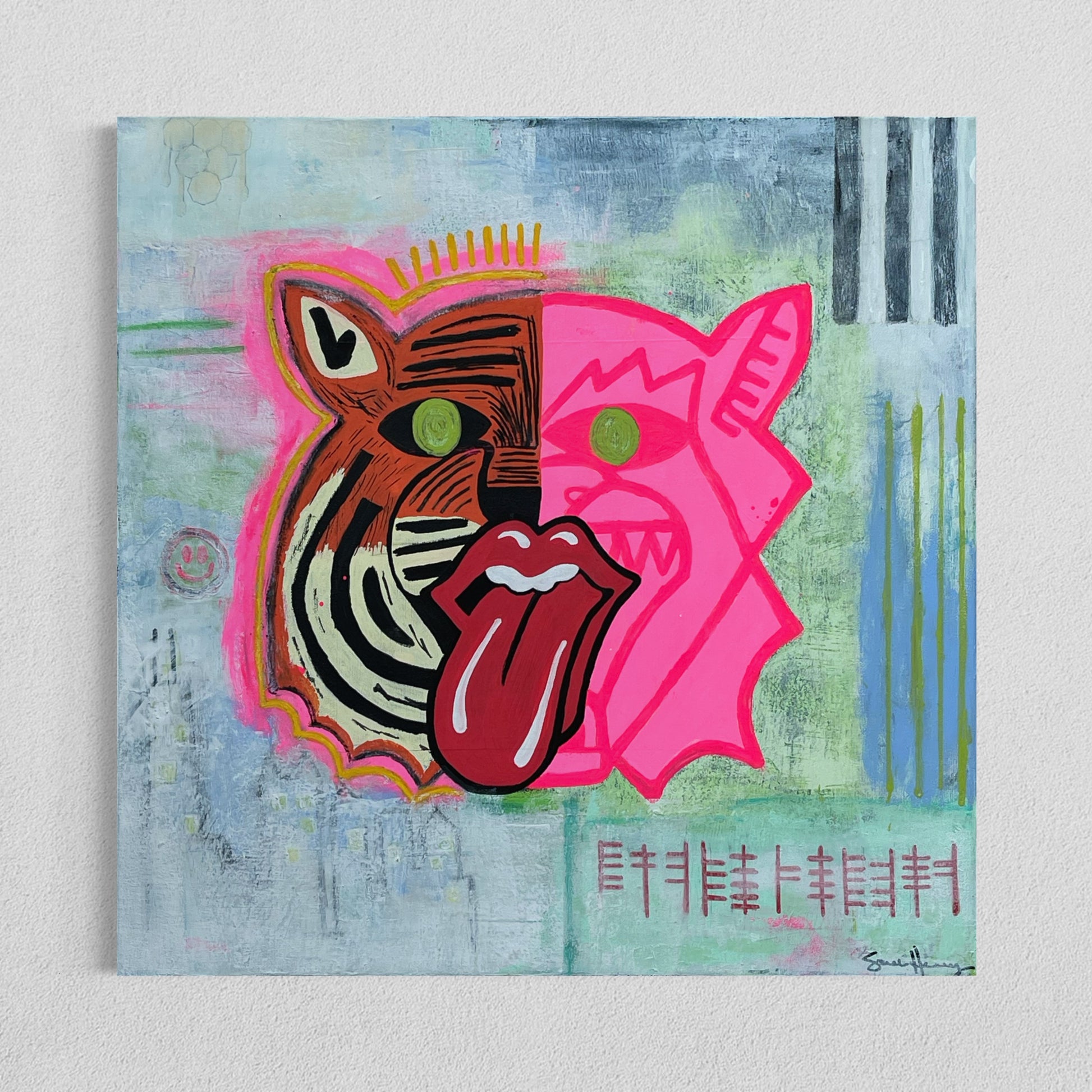 A 20 inch by 20 inch original painting by Sarah Henry Art featuring a dual faced tiger, one side orange the other pink, with a honey comb, black and white stripes, the Chicago skyline, a smiley face, and ogham writing stating not silenced. 