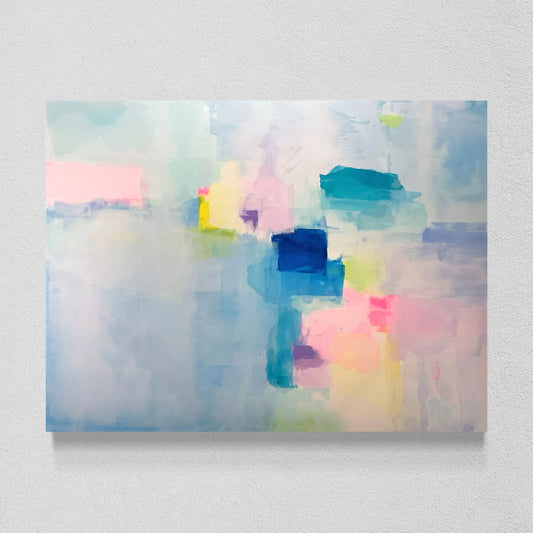 An abstract original large scale painting featuring soft pastel tones of pink, blue, teal, and yellow. The composition layers translucent washes with bold rectangular blocks of color, creating a dreamy, atmospheric effect that blends serenity with bursts of vibrant energy for contemporary, preppy, or modern wall decor.