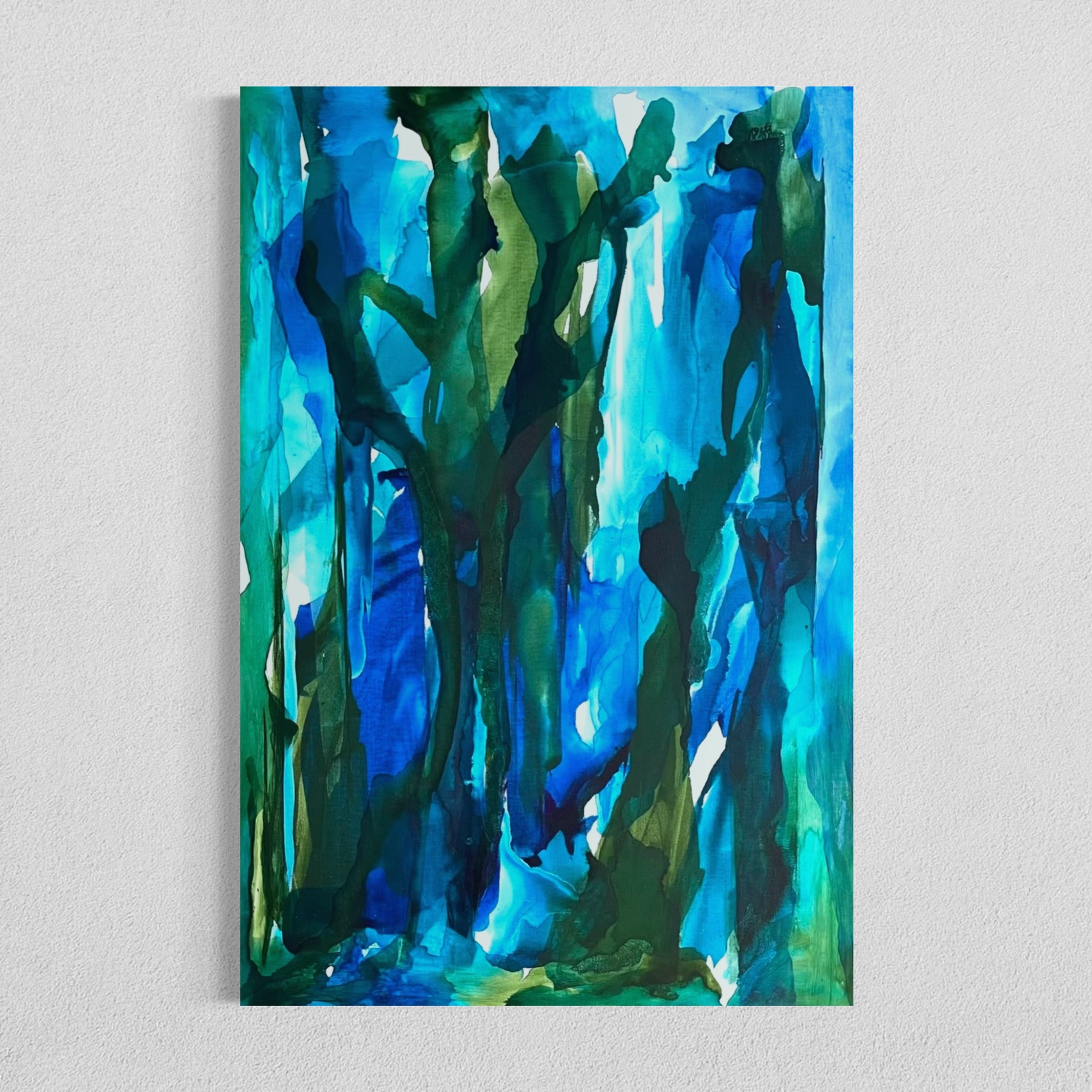 Abstract painting titled Emerge featuring flowing vertical strokes in rich greens and blues, inspired by underwater vegetation and the upward movement of nature.