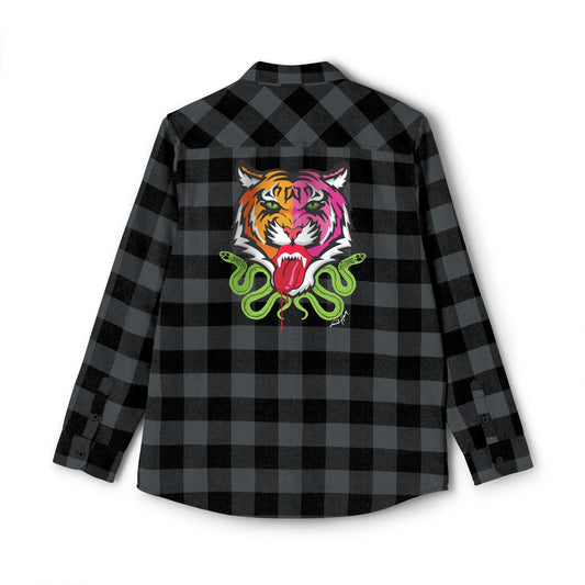 Unisex black and gray buffalo plaid flannel shirt featuring a bold graphic on the back of a split neon tiger face in orange and pink, with red tongue and green snakes. The artwork, designed by Sarah Henry, adds a fierce streetwear vibe to classic fall fashion.