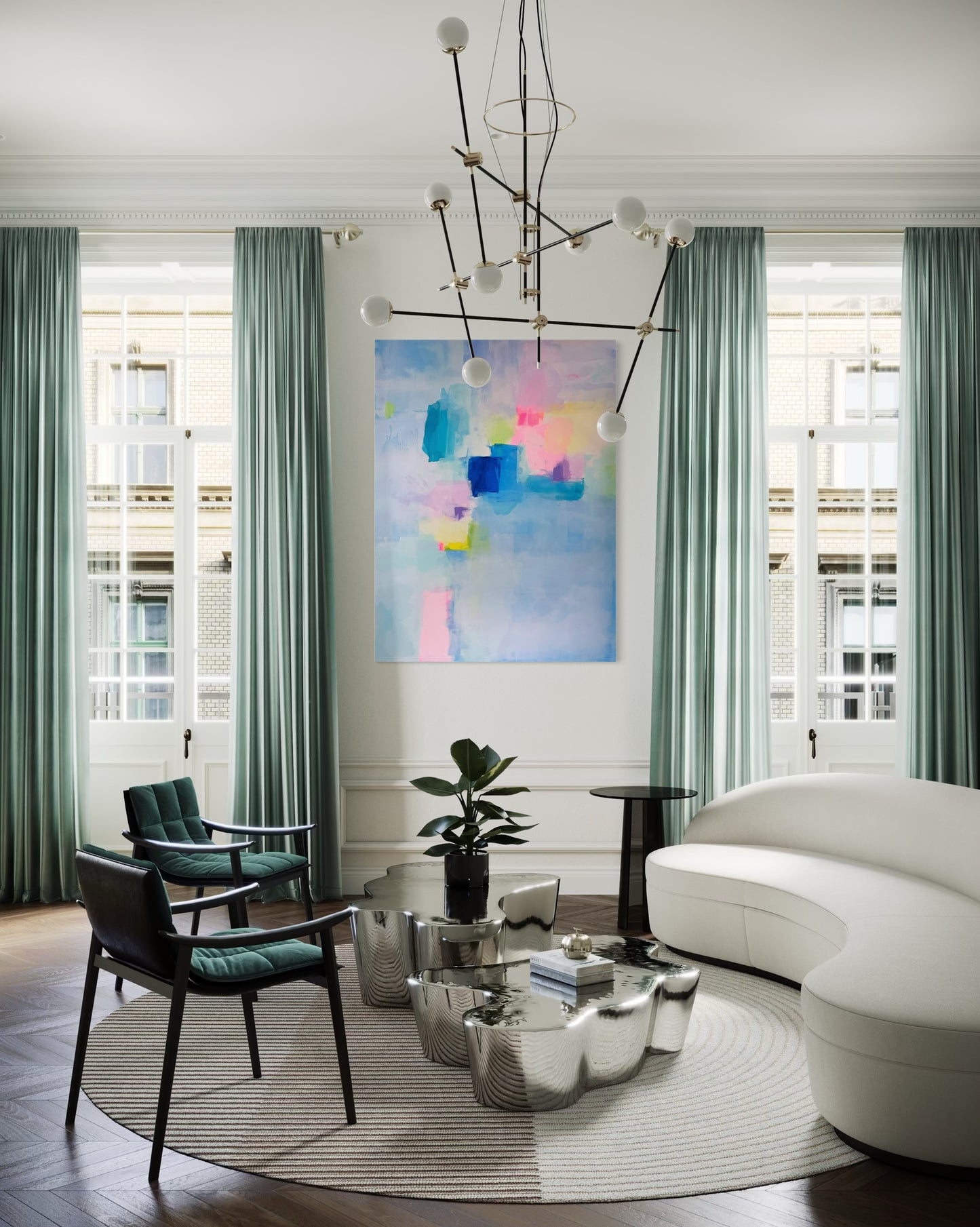 Modern living room with a white sofa, metal coffee table, and oversized colorful abstract painting on the wall.