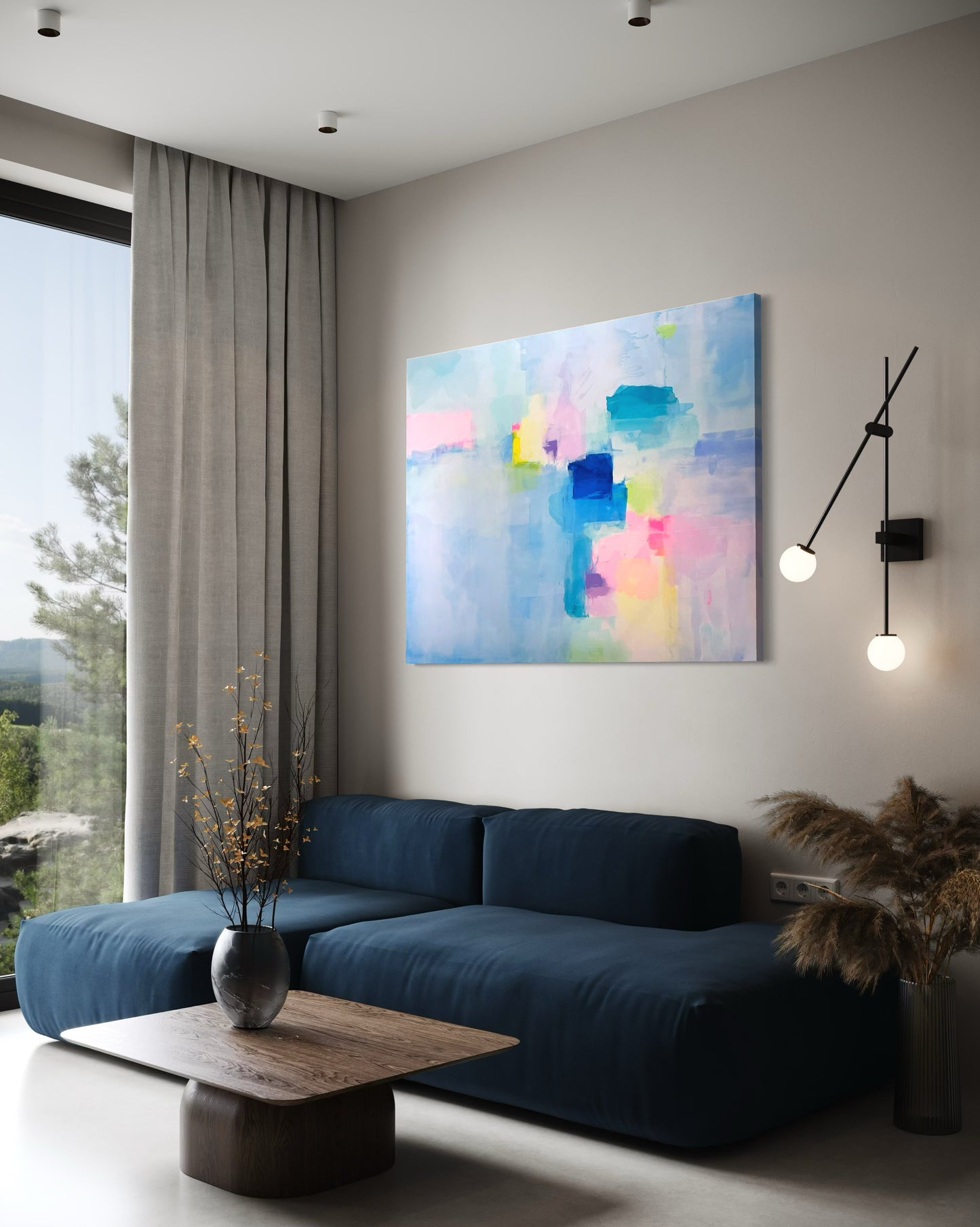 Modern living room with a blue sofa, colorful preppy abstract painting, and decorative elements.