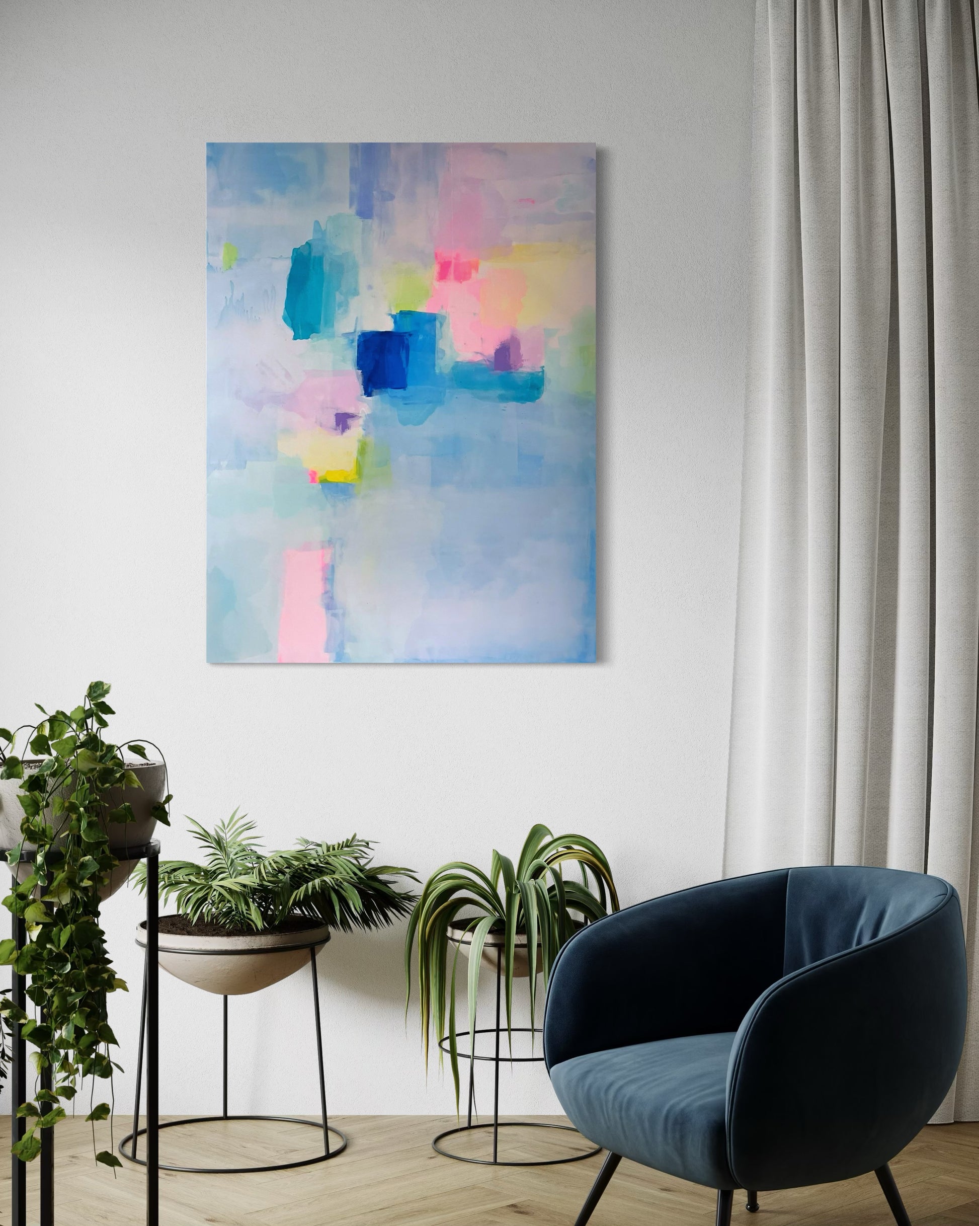 Modern interior with a colorful abstract painting on the wall, a blue chair, and potted plants.
