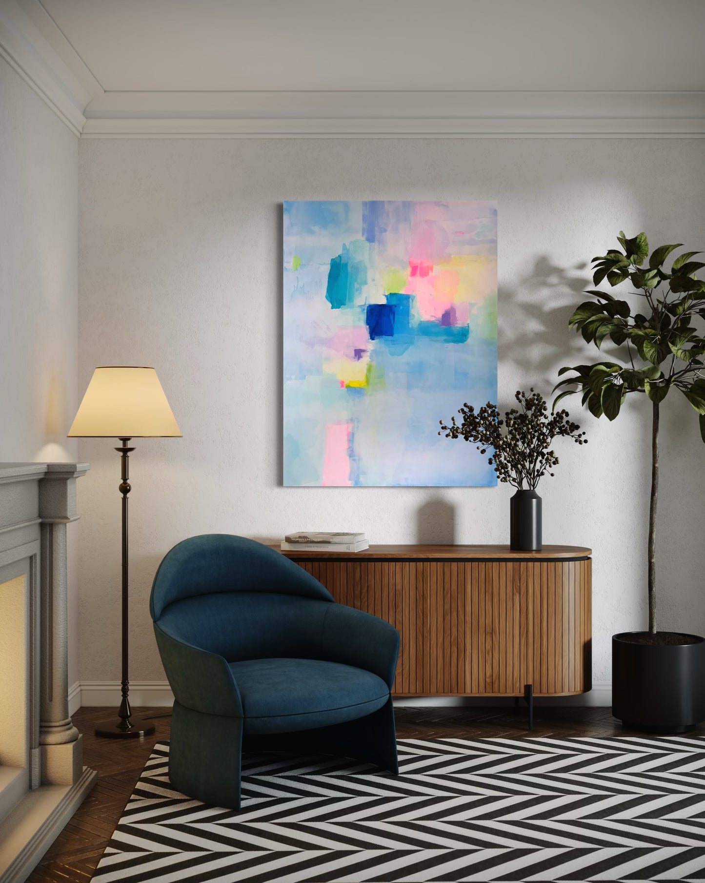Modern living room with a blue armchair, bright abstract painting, and walnut decorative elements with indoor plants and a ficus tree.