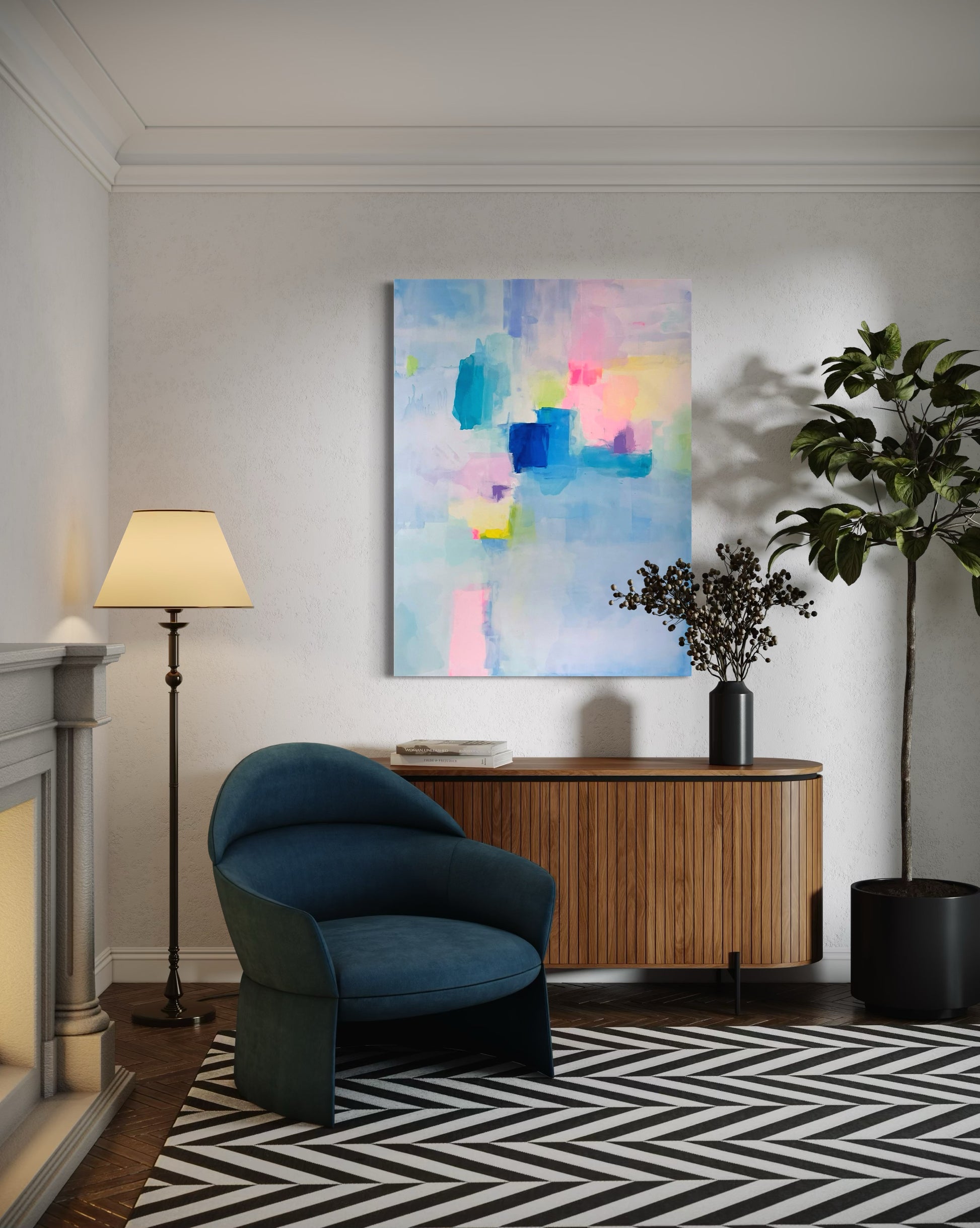 Modern living room with a blue armchair, bright abstract painting, and walnut decorative elements with indoor plants and a ficus tree.