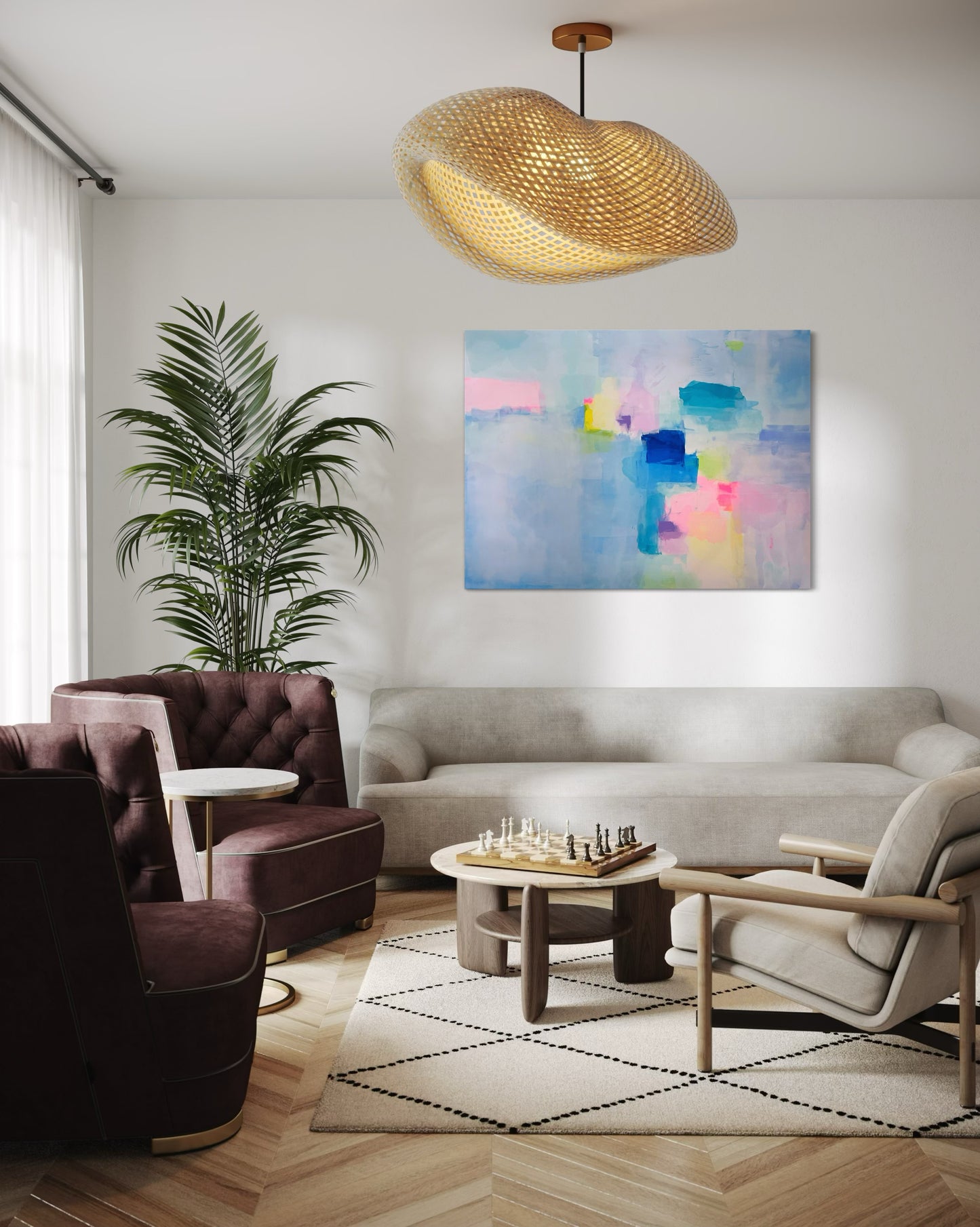Modern living room with a colorful abstract painting, comfortable furniture, and decorative elements.