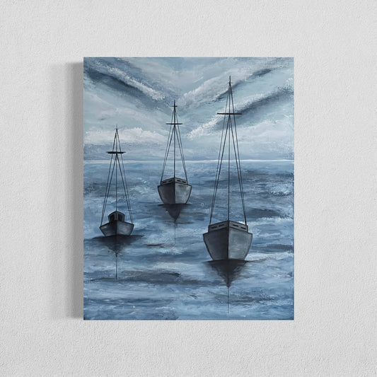 Monroe Harbor Chicago, 20"x24" original acrylic ocean painting of a solitary sailboat in blue