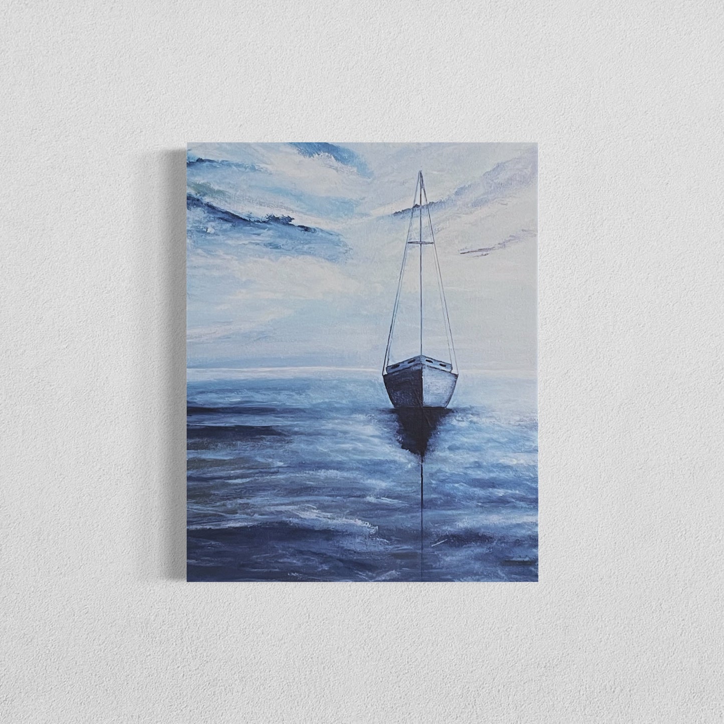 Fine Art Print of Smooth Sailing, giclee print of acrylic ocean painting with a solitary sailboat in blue