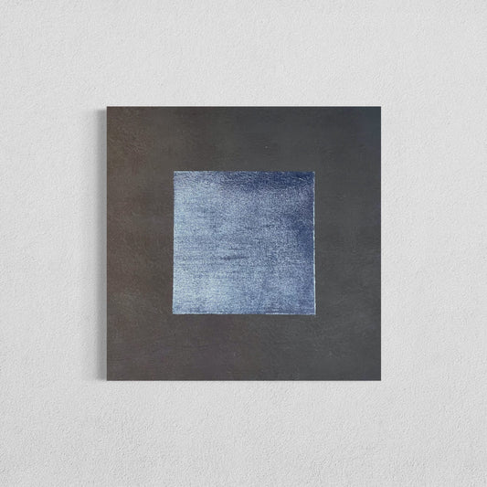 A painting with a textured Payne’s Gray square centered on a dark background in a minimalist abstract painting.