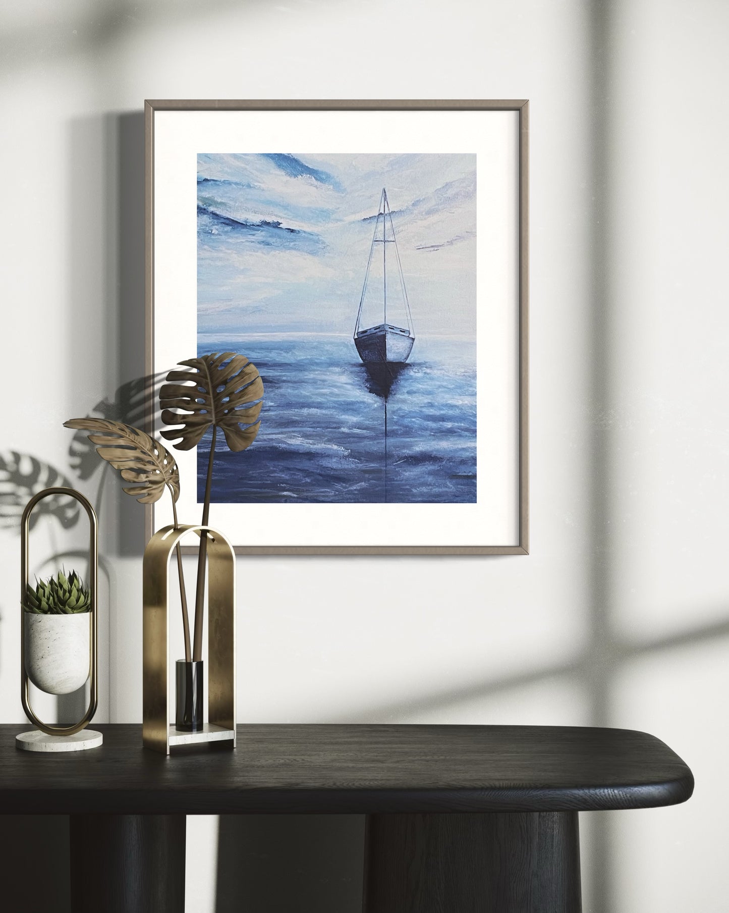 Fine Art Print of Smooth Sailing, giclee print of acrylic ocean painting with a solitary sailboat in blue