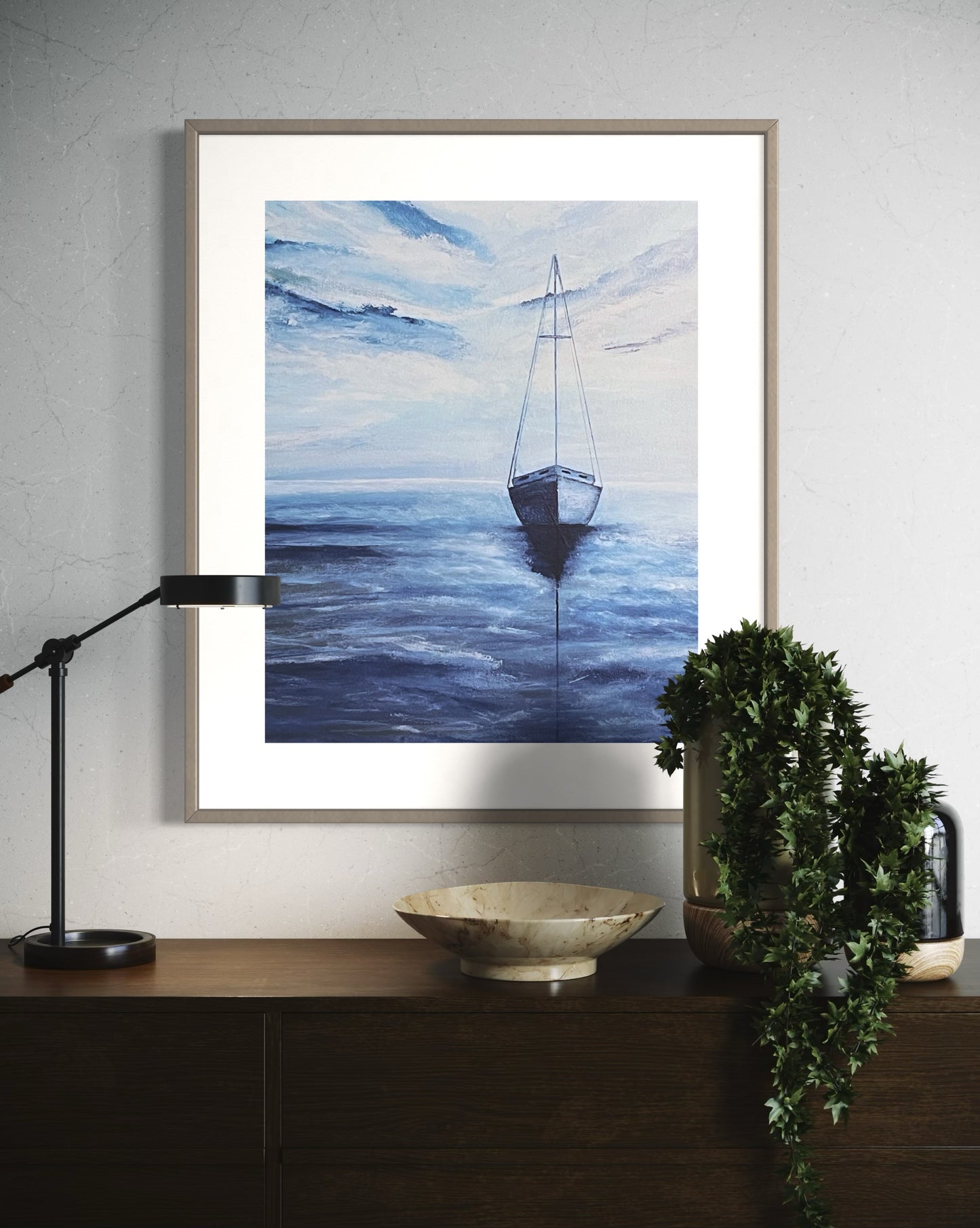 Fine Art Print of Smooth Sailing, giclee print of acrylic ocean painting with a solitary sailboat in blue