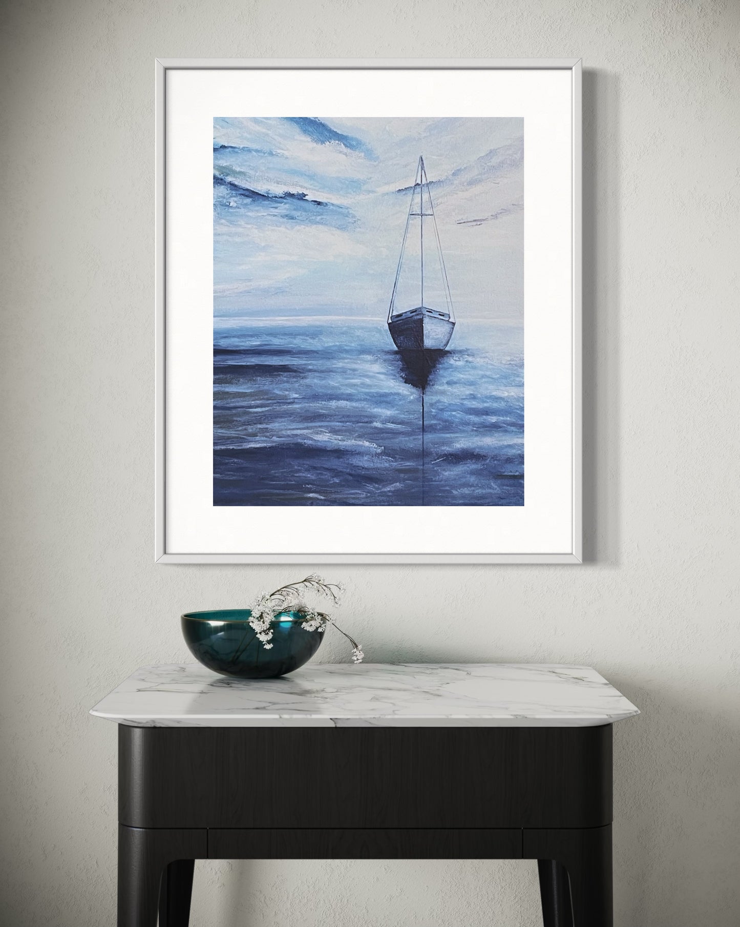 Fine Art Print of Smooth Sailing, giclee print of acrylic ocean painting with a solitary sailboat in blue