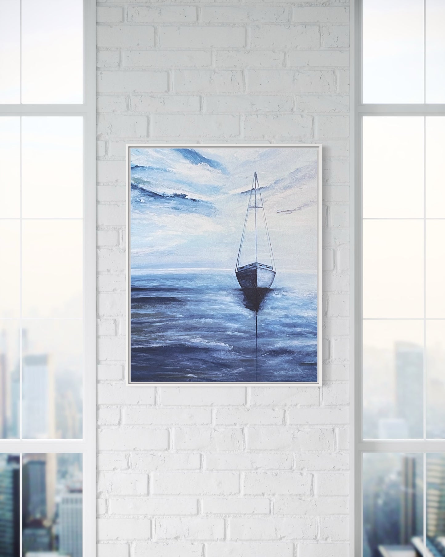 Smooth Sailing, 16"x20" original acrylic ocean painting of a solitary sailboat in blue