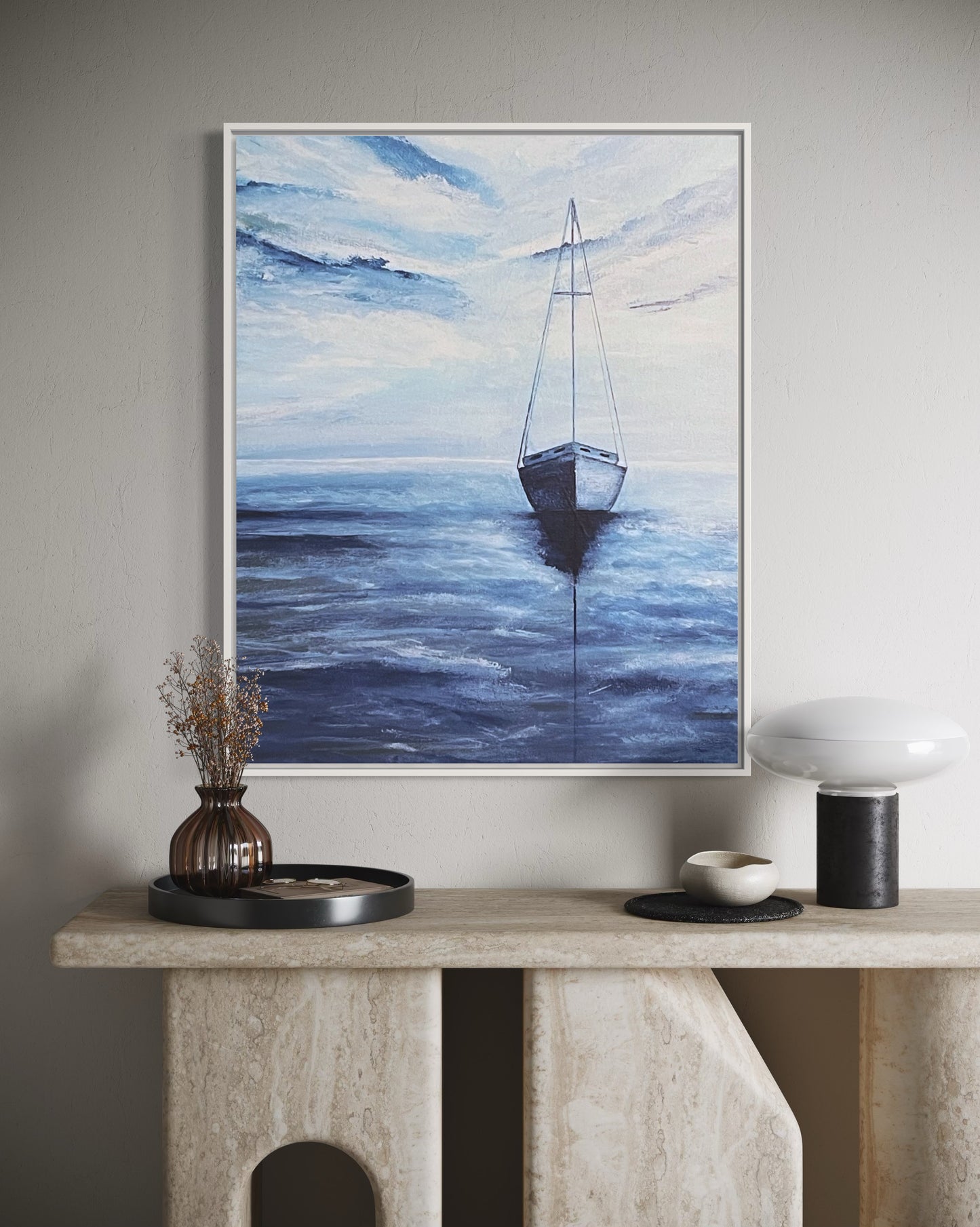 Smooth Sailing, 16"x20" original acrylic ocean painting of a solitary sailboat in blue