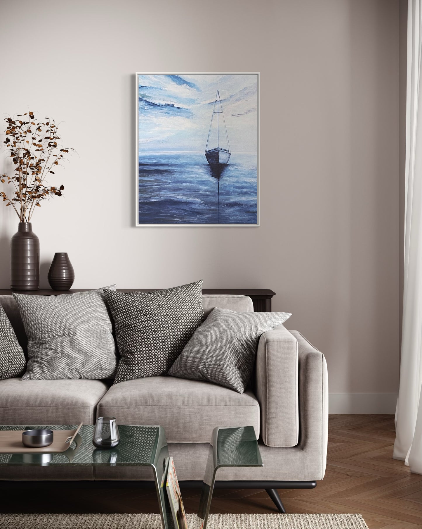 Smooth Sailing, 16"x20" original acrylic ocean painting of a solitary sailboat in blue