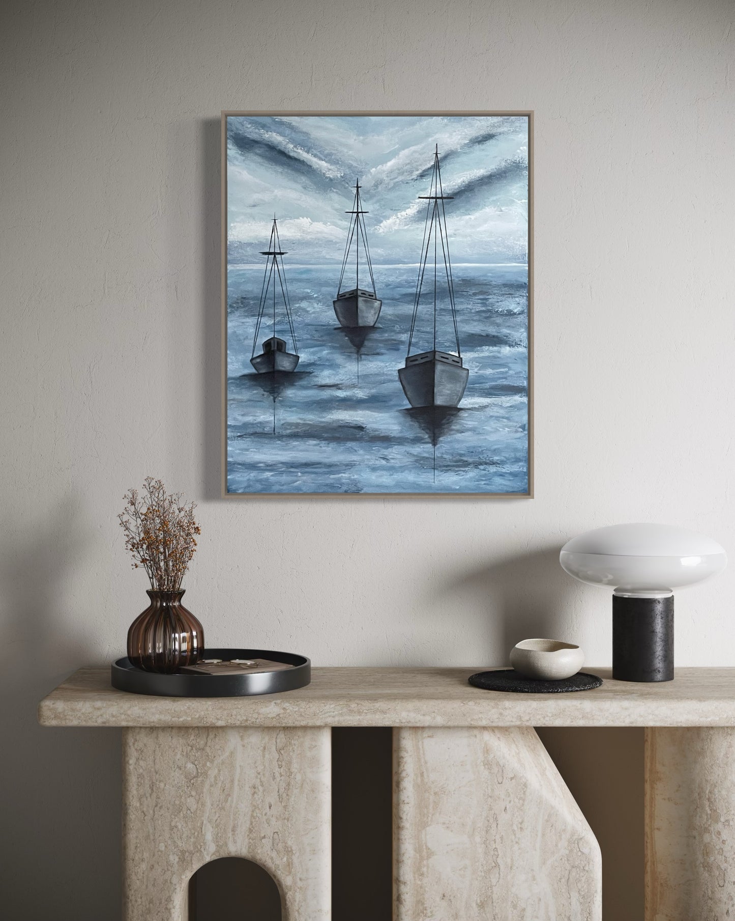 Monroe Harbor Chicago, 20"x24" original acrylic ocean painting of a solitary sailboat in blue